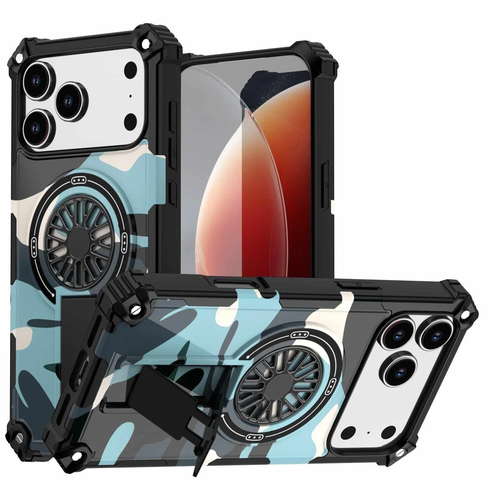 Generic etui kompatybilne z iPhone 17 Pro (kolor: jasnoniebieski-kamuflaż) odporny na wstrząsy stojak twardy tył twardy silikonowy futerał