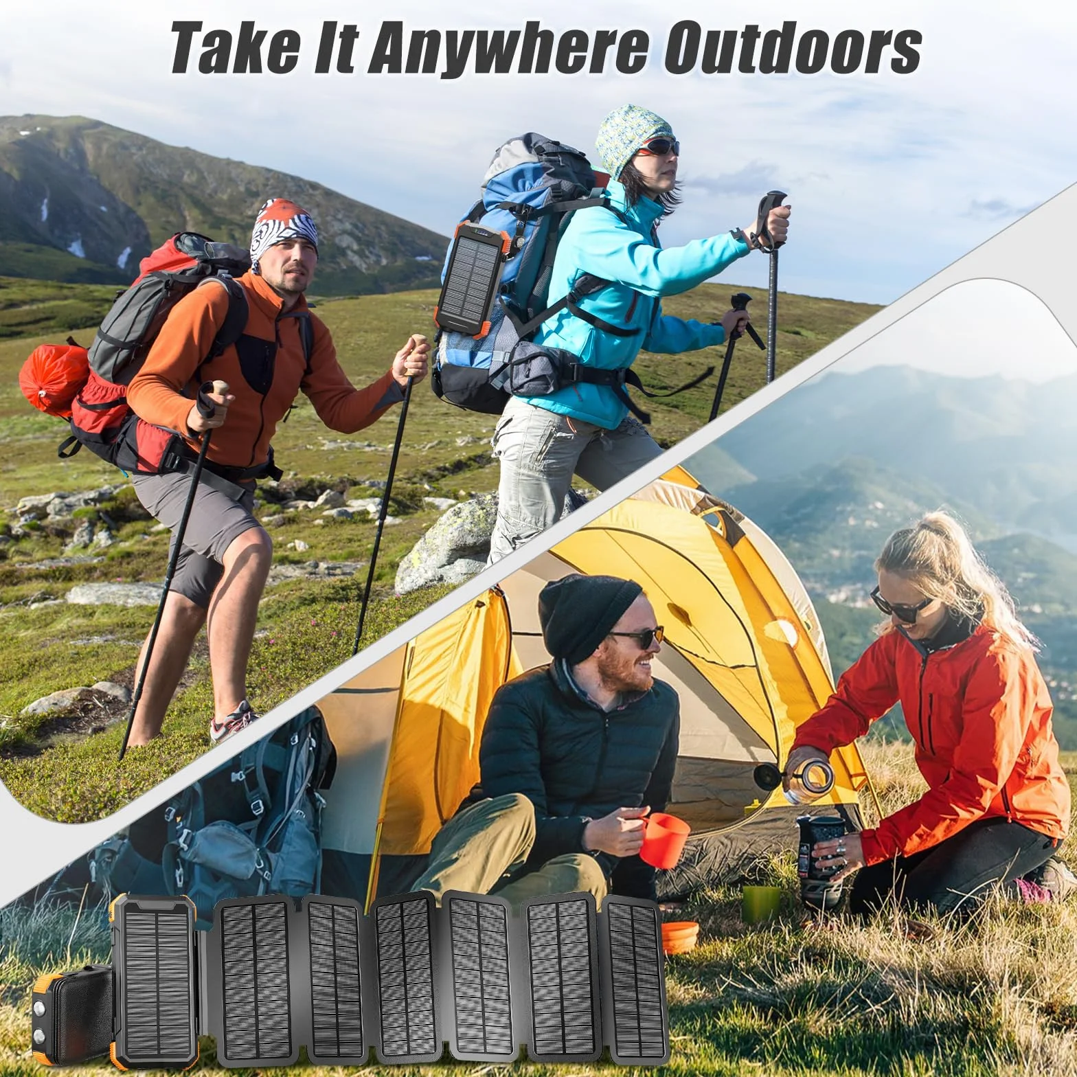 Solar Power Bank 20000mAh, przenośna ładowarka solarna, 5V/3A USB-C Fast Charge, 5W wireless, panel słoneczny 2W + korba ręczna, powerbank survival outdoor camping, LED SOS, USB-A/USB-C