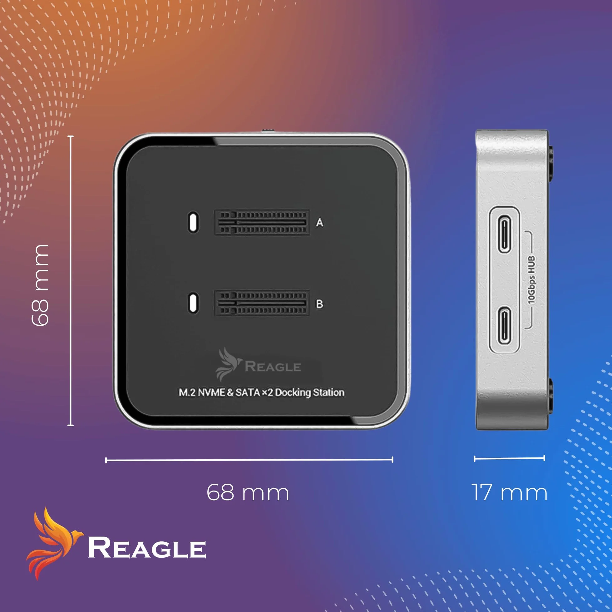 Reagle Dual M.2 NVMe SATA stacja dokująca, USB-C 3.2 Gen2 10 Gbit/s, 2 × M.2 SSD jednocześnie, wsparcie 16 TB, aluminiowa obudowa, klucz M i B+M Key, Plug & Play, w zestawie kabel USB-A/USB-C