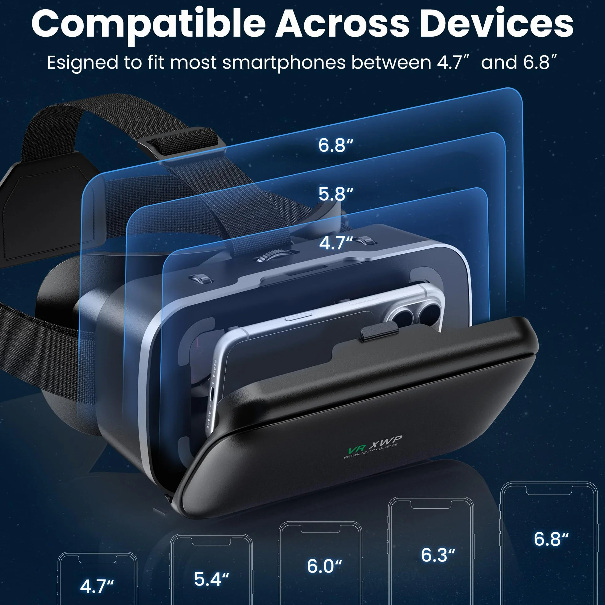 XWP Okulary do wirtualnej rzeczywistości 3D do smartfonów, okulary VR z soczewkami HD Light, kompatybilne z iPhone I Android (4,7-6,8 cala), wrażenia z gier i filmów VR, prezent dla Przyjaciele i