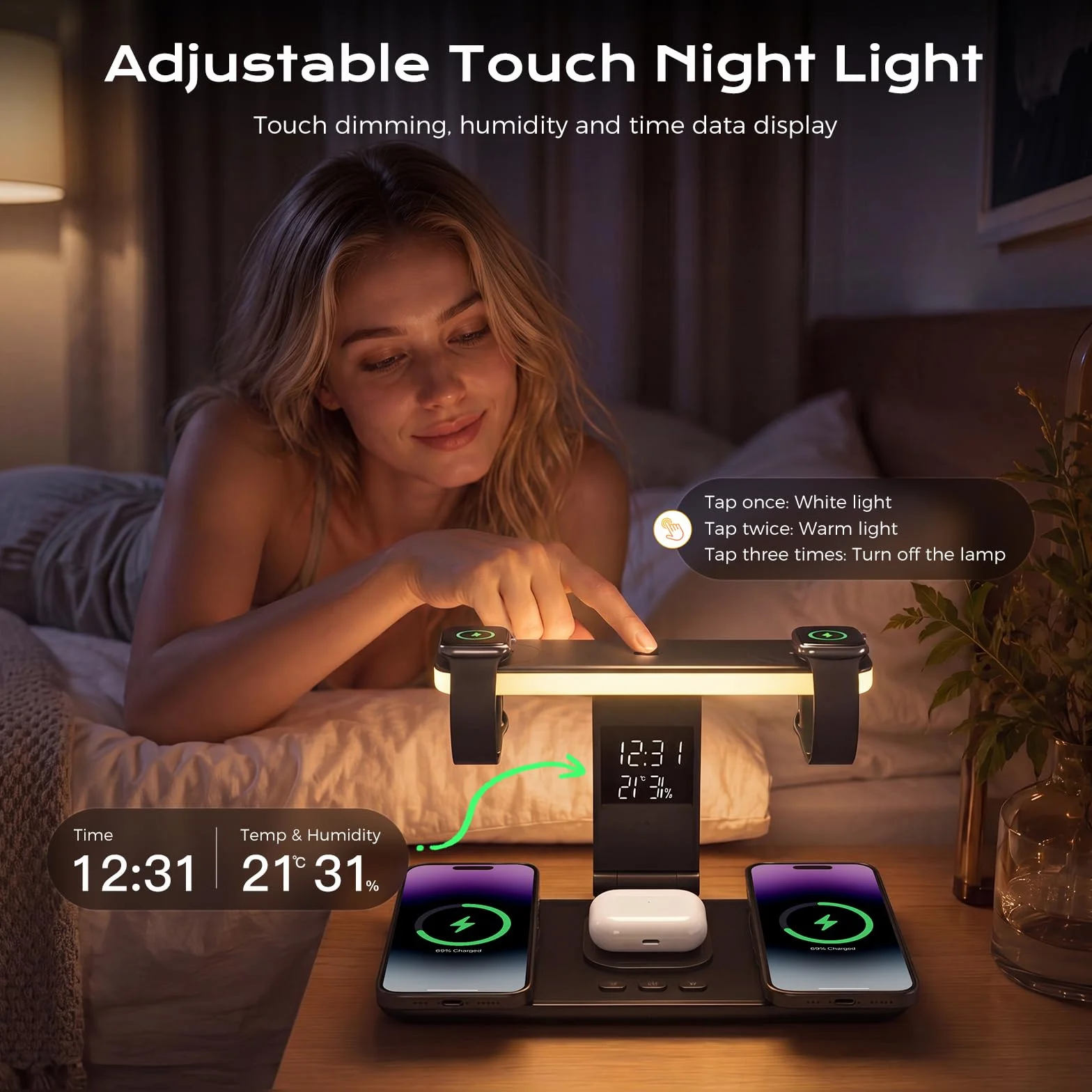 Stacja Ładująca Qi2 15W TEC Cooling 4 w 1, Składana Bezprzewodowa Ładowarka do iPhone 17/16/15/14/13, Apple Watch i AirPods, Lampka LED, Zegar Temp Wilgotności, Biurkowa Stacja Nocna，Czarny
