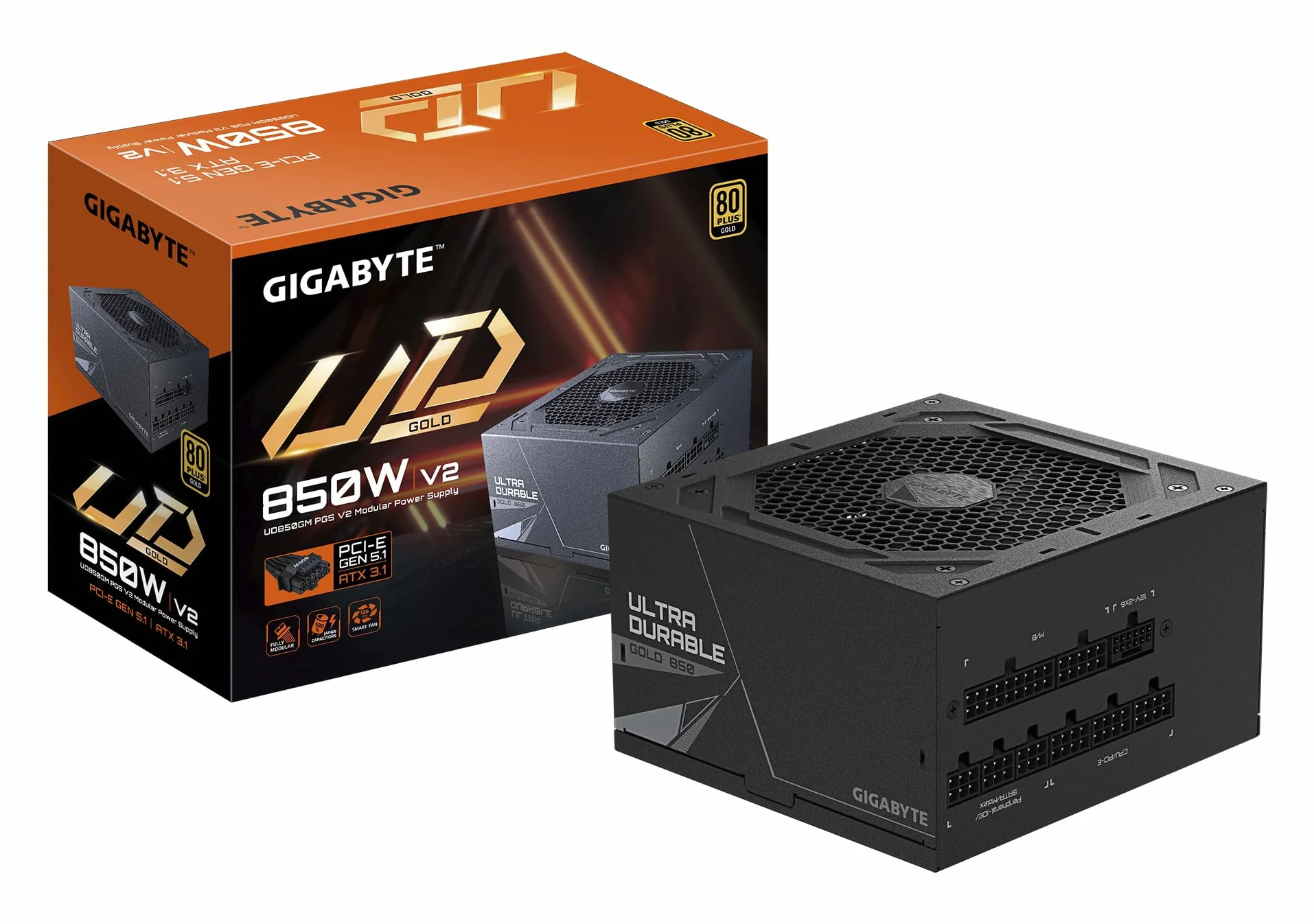 GIGABYTE UD850GM PG5 V2 zasilacz - PCIe Gen 5.0, 80 PLUS Gold, w pełni modułowa konstrukcja, wentylator 120 mm, kompatybilny z ATX 3.0, wtyczka EU