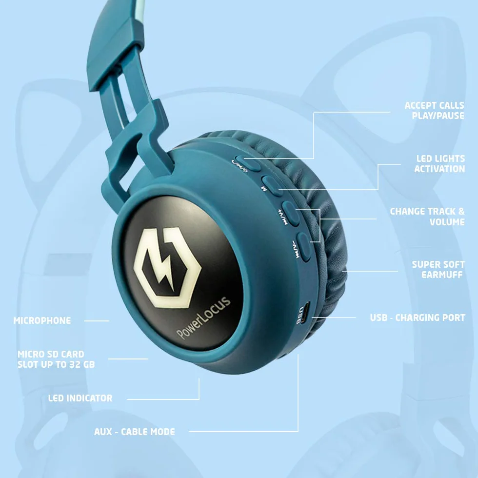 PowerLocus słuchawki dziecięce, słuchawki nauszne z ogranicznikiem głośności 85dB, światło LED, składane słuchawki stereo HD,bezprzewodowe i kabel, wbudowany mikrofon do telefonukomórkowego,tabletu