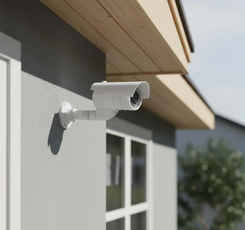 O&W Security Atrapa kamery do monitoringu – Dummy kamera CCTV z obiektywem, migającą diodą LED i czujnikiem ruchu, obudowa chroniąca przed warunkami atmosferycznymi z dachem przeciwdeszczowym