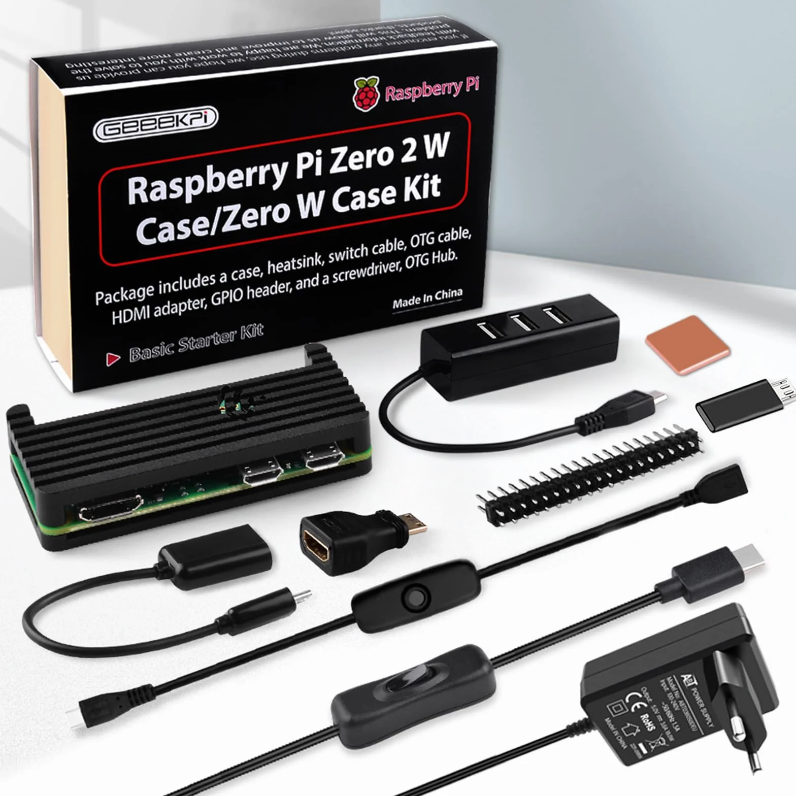GeeekPi Zestaw obudowy dla Raspberry Pi Zero 2 W, z obudową Pi Zero,Część sieciowa, korpus chłodniczy,HUB USB,Nagłówek GPIO,Kabel OTG, Kabel do ON/Off przełącznika dla Pi Zero 2 W/Pi Zero W/Pi Zero