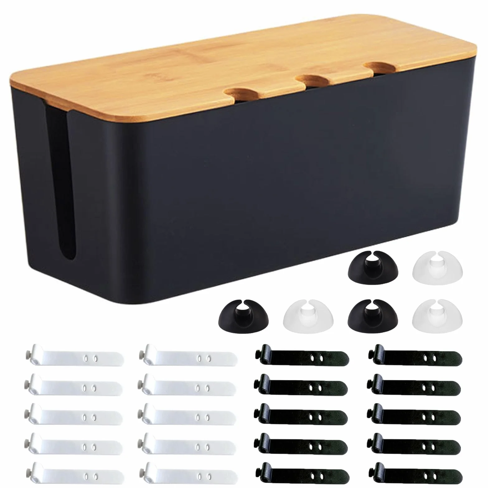 Skrzynka na kable, 32 x 13,6 x 12,7 cm, skrzynka na gniazdka z drewnianą pokrywą, organizer na kable z opaskami kablowymi i uchwytami na kable, do organizacji biurka, kolor czarny