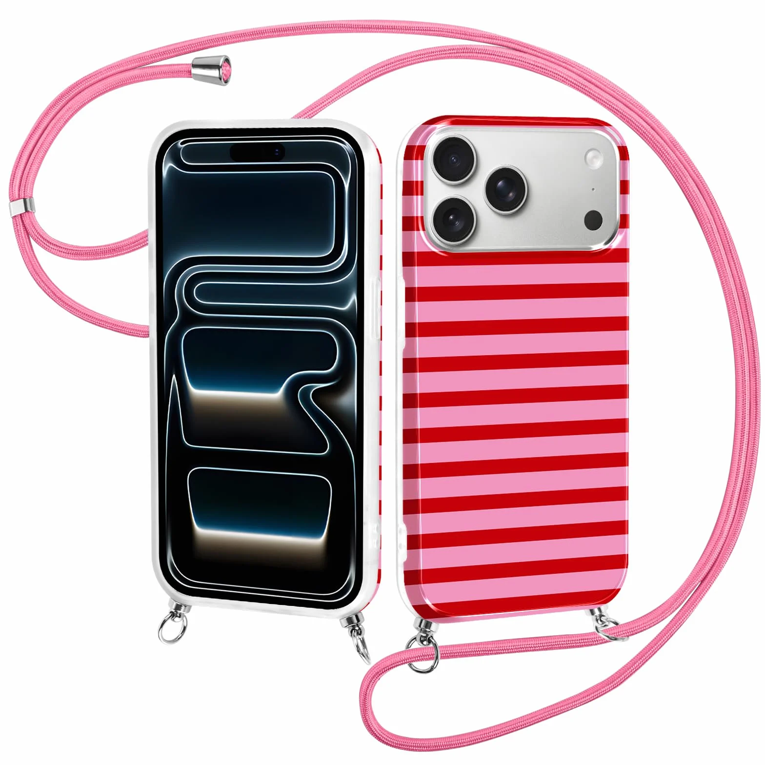 Etui Striped do iPhone 17 Pro Max 6,9" ze sznurkiem, półprzezroczyste silikonowe etui estetyczne, czerwone i różowe paski, wzór, regulowany naszyjnik, etui ze smyczą, odporne na wstrząsy etui