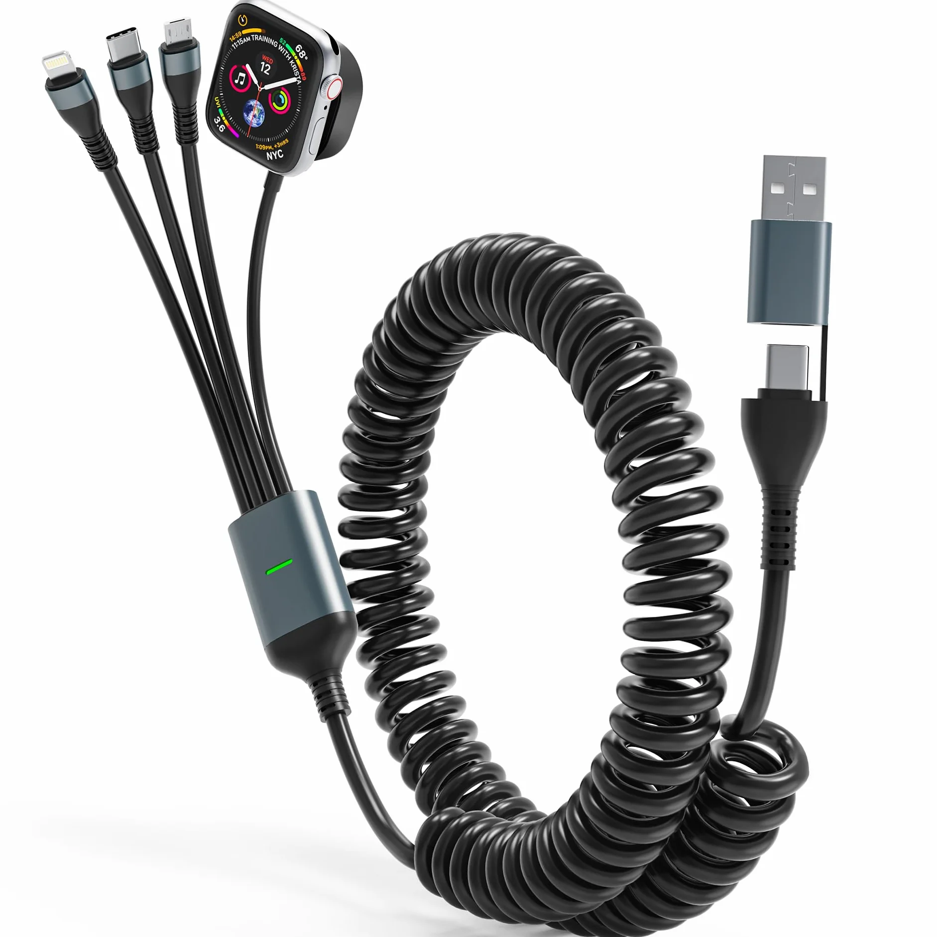 Spiralny kabel 4 w 1 do ładowania z ładowarką Apple Watch – 3 m Multi kabel do ładowania Apple Watch USB C, kabel Lightning Micro USB, do Apple Watch, iPhone 15 14 13 12 11 8 X, MacBook, iPad, Android