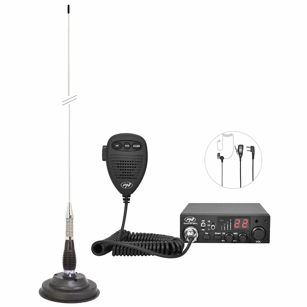 CB-Funkkit CB PNI ESCORT HP 8001L ASQ + antena CB PNI ML100, wtyczka do zapalniczki samochodowej i słuchawki HS81L w zakresie dostawy