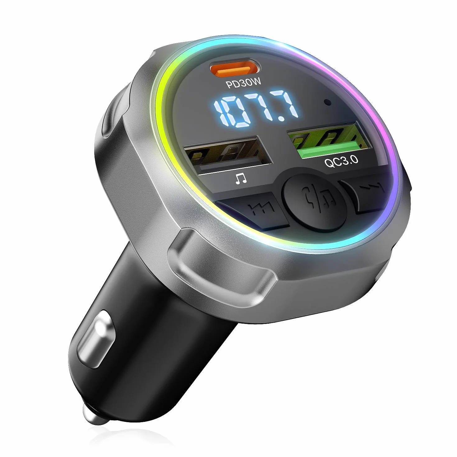 ORIA Nadajnik FM Bluetooth 5.3 60 W, bezprzewodowa ładowarka samochodowa z PD 30 W i QC3.0 18 W, obsługa napędu USB, kolorowe światło oddechowe, połączenia bez użycia rąk, adapter audio radia