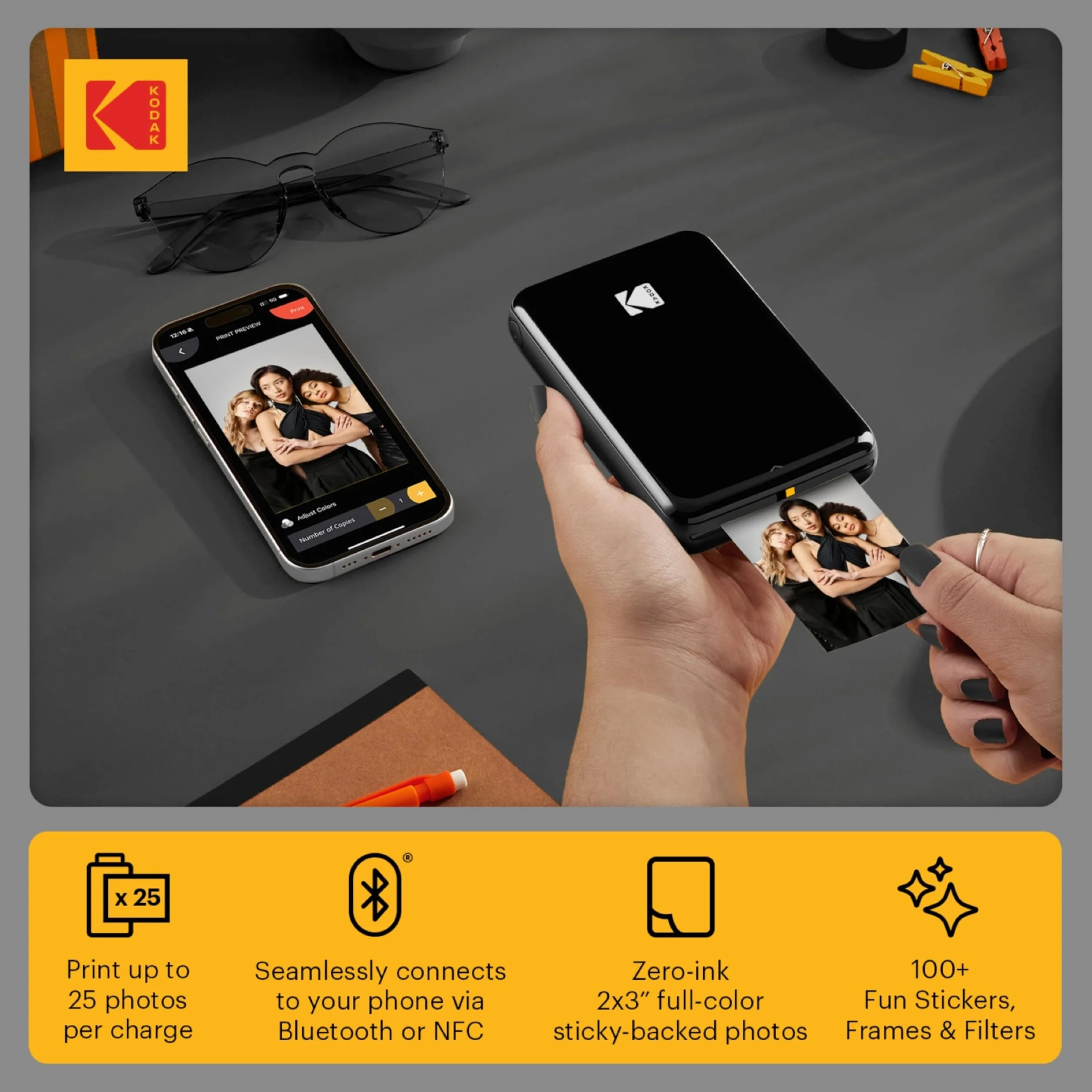 KODAK Step Natychmiastowa Drukarka Zdjęć do Smartfona - Przenośna Mini Kolorowa Bezprzewodowa Drukarka - Zdjęcia Zink 2x3” z Klejem - Bluetooth z iOS i Android - Aplikacja do Edytowania - Czarny