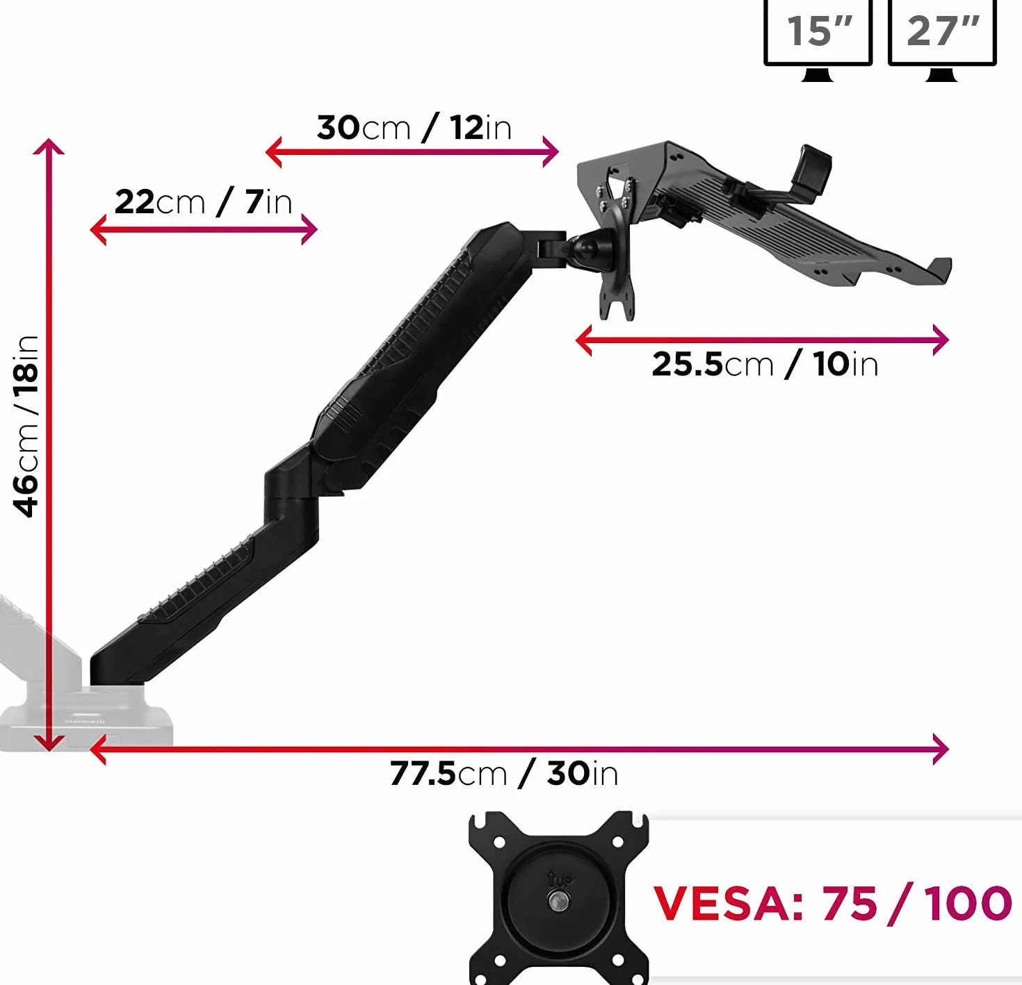 Duronic DMDCL1X1 Uchwyt monitor i laptop 2x 6,5 kg gazowy do 6,5 kg, VESA 75 lub VESA 100, uchwyt do laptopa, podstawka do laptopa i monitora, regulacja monitora, 13-24 cali