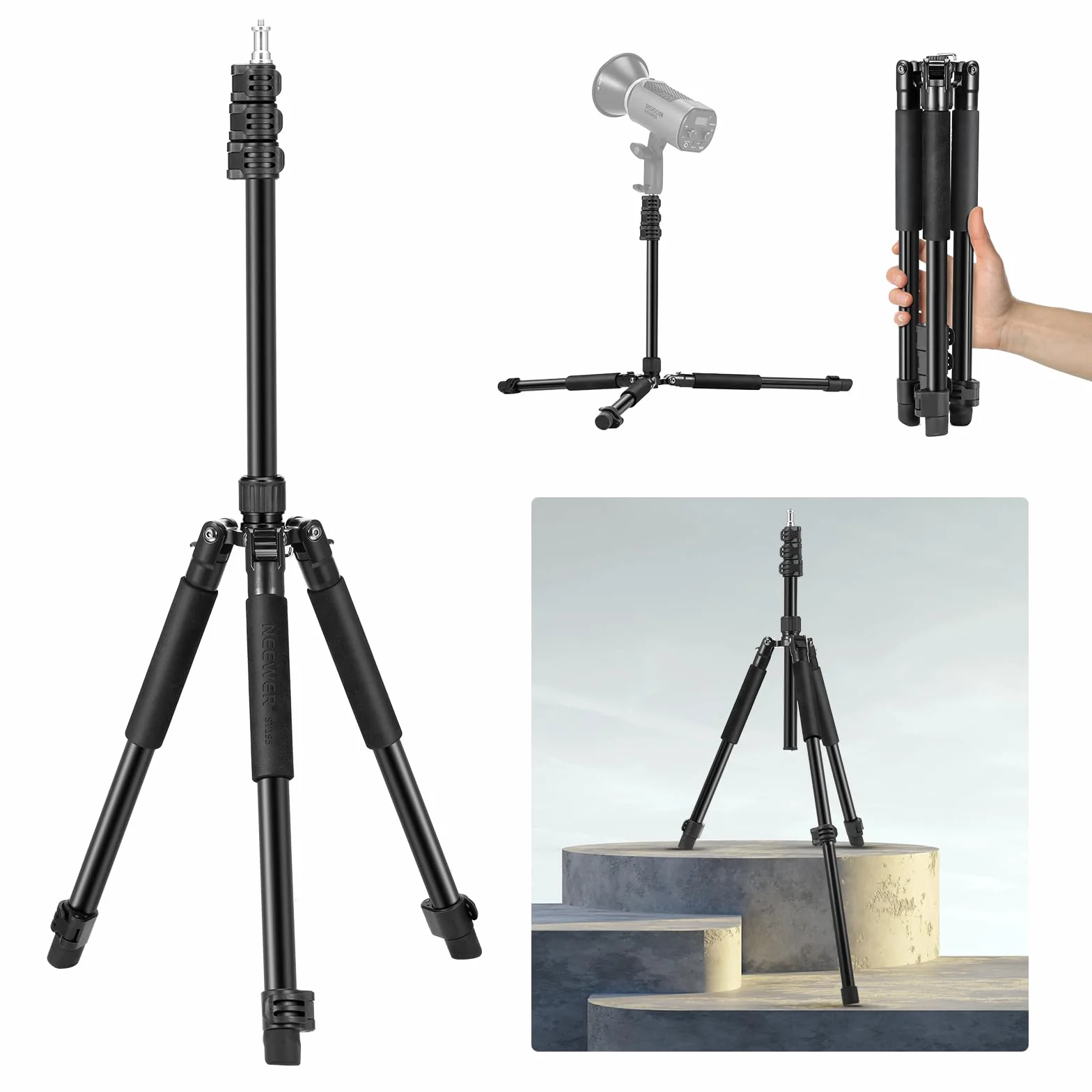 NEEWER Stojak na oświetlenie fotograficzne, 47-195 cm aluminiowy dwustronny statyw oświetleniowy studyjny, przenośny stojak wideo na telefon ze śrubą 1/10.2 cm do aparatu stroboskopowego Softbox,