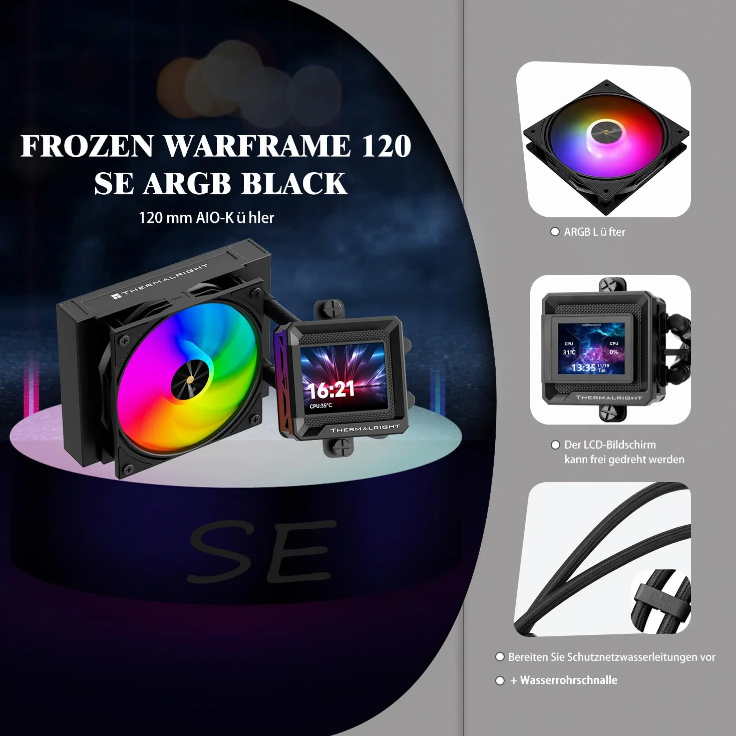 TR-Thermalright FW120 SE ARGB Black ciekły procesor chłodzący procesor, 2-calowy wyświetlacz LCD IPS o rozdzielczości 320 x 240 (magnetyczny), ekran DIY, 120 mm Aio, do AM4/AM5, Intel LGA1851/1700
