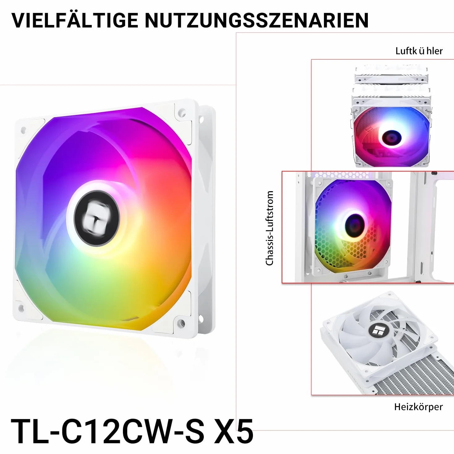 TR-Thermalright TL-C12CW-S X5, zestaw 5 wentylatorów obudowy ARGB, 120 mm, 4-pin PWM, ciche chłodzenie, prędkość 1550 obr./min, niski hałas 25,6 dBA, do systemów chłodzenia PC, białe