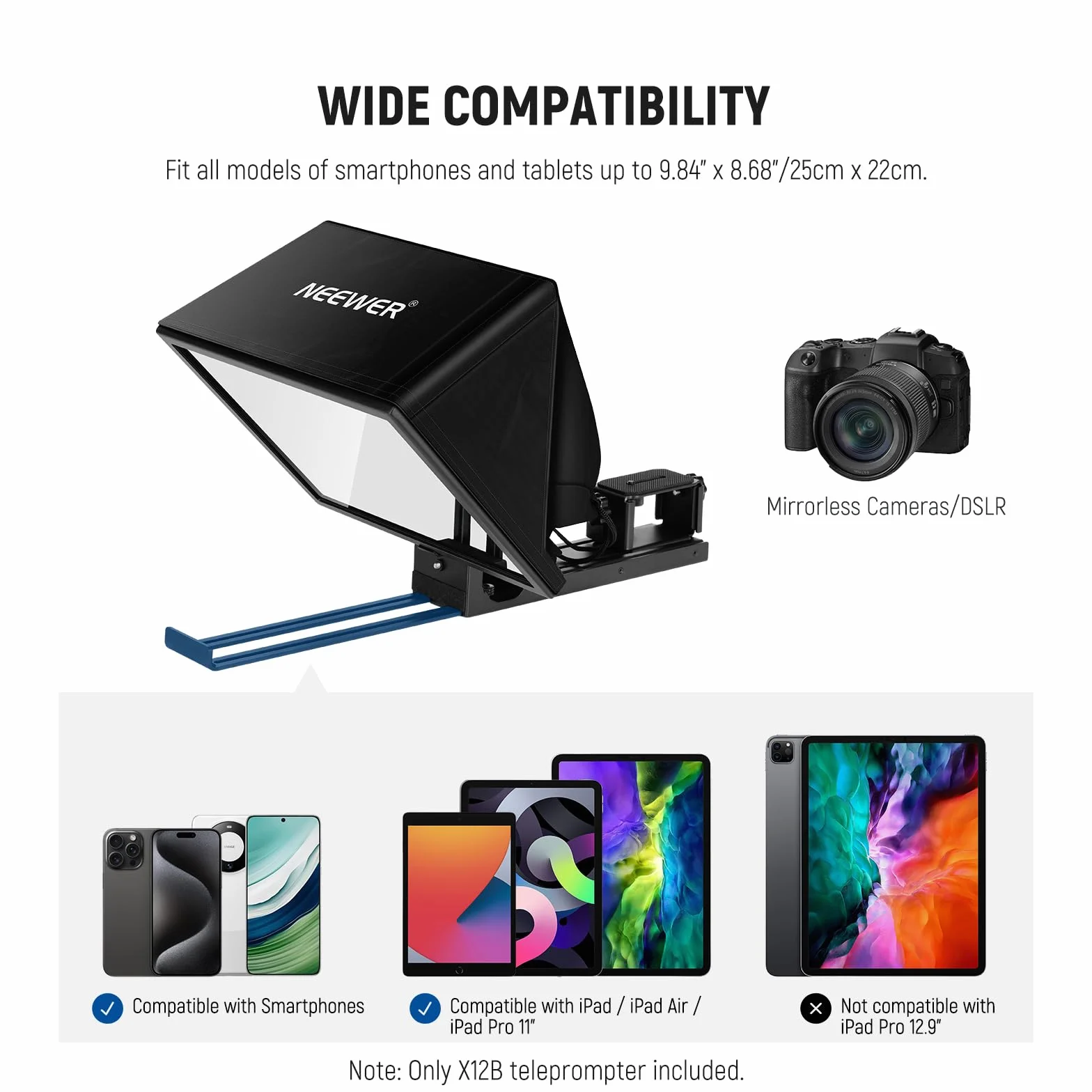 NEEWER BASICS X12B podnoszony teleprompter ze stopu aluminium 12" do iPada, tabletu, telefonu, lustrzanki, pilota zdalnego sterowania i sterowania aplikacją, kompatybilny z systemem iOS Android, Pro