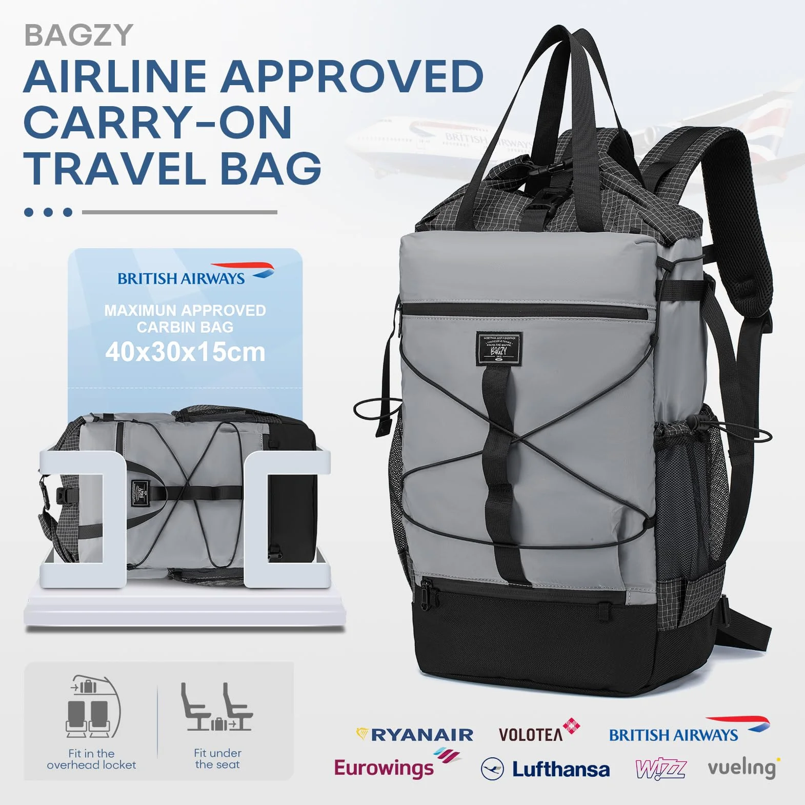 BAGZY Plecak Z Rolltopem 40x30x15 British Airways Wodoodporny Plecak Z Rolltopem Kobiety Mężczyźni Plecaks Na Laptopa Komorą Na Laptop Do 17 Calów Duży Plecaks Podróżny Do Biznesu Miasto Czarny