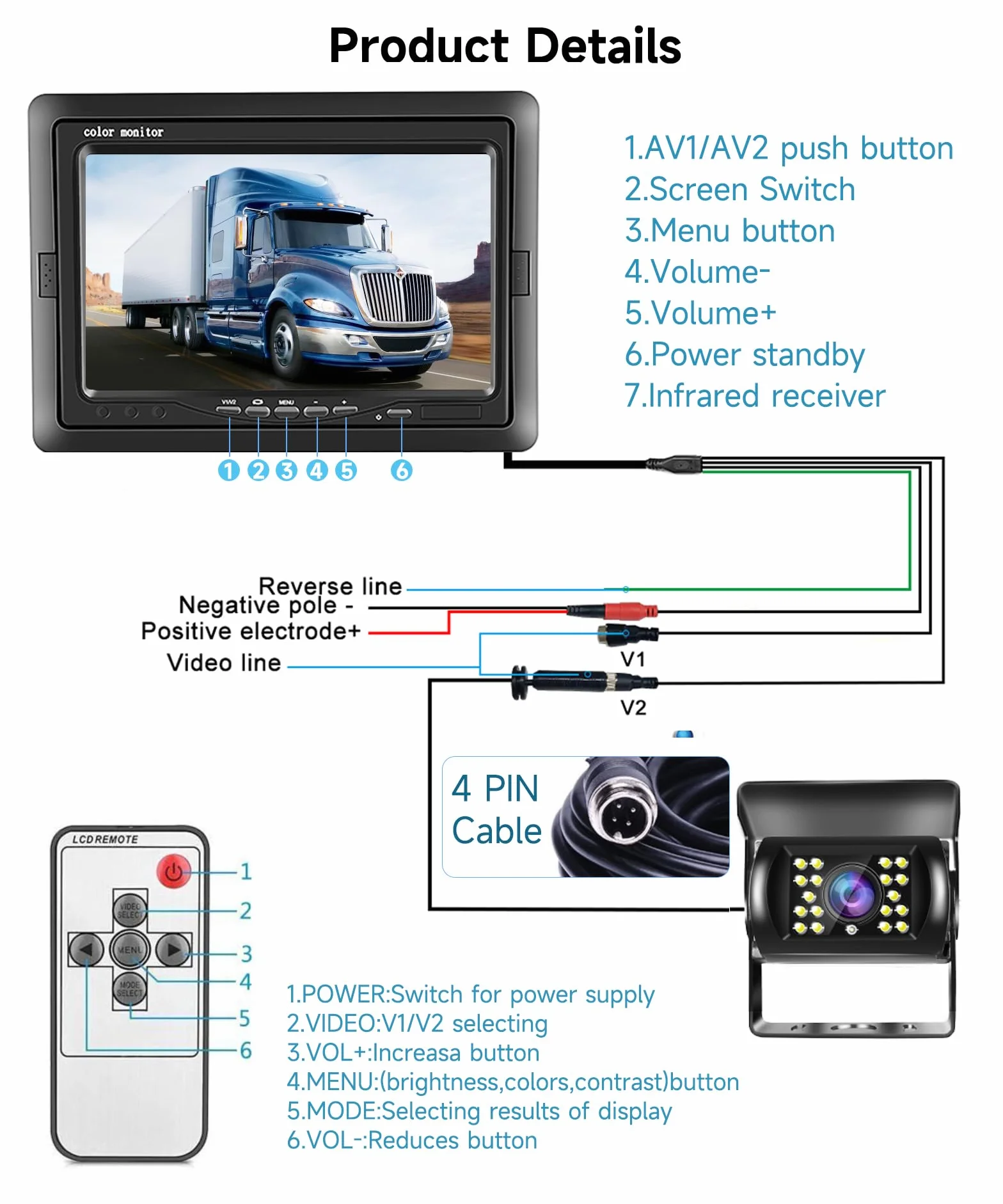 Podofo Kamera cofania z monitorem HD 7'' 10 m kabel IP69 elektroniczny samochód noktowizor do samochodu SUV-a Van RV Łatwa instalacja Przewodowa kamera DC 12-24V
