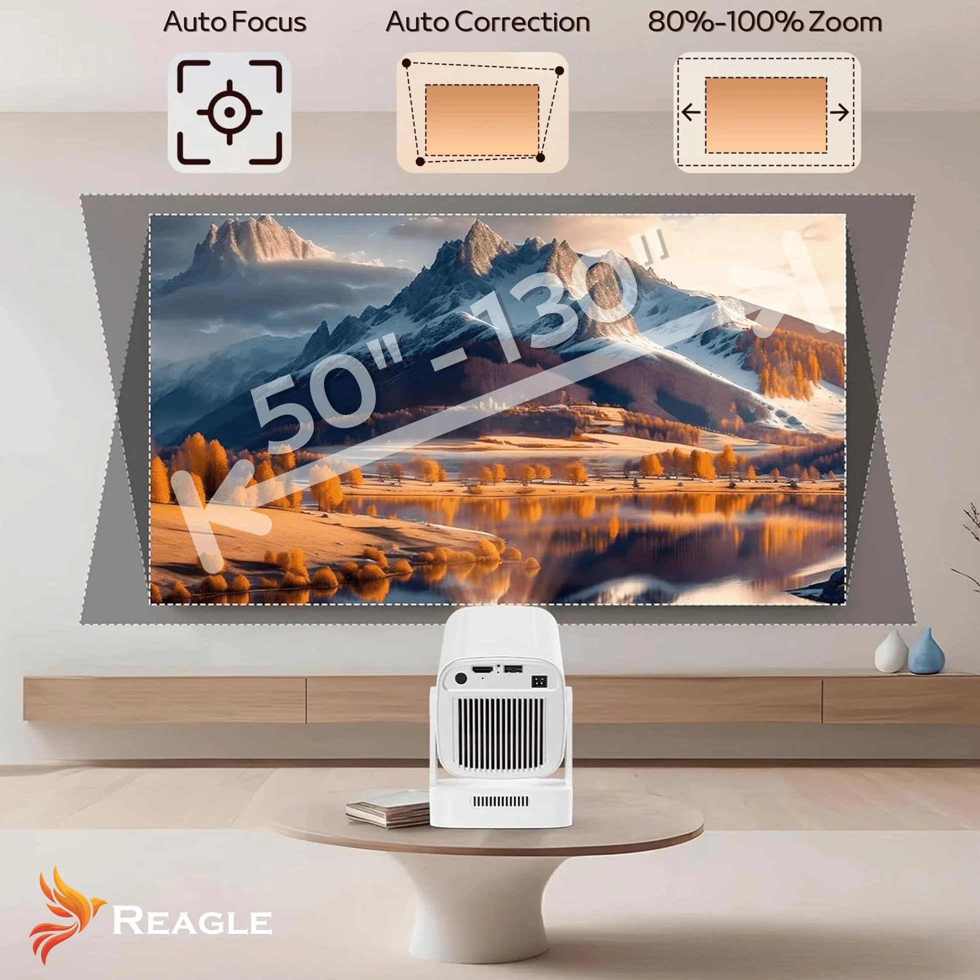 Reagle R-MOVIELUM-P30 Mini Projektor Full HD 1080P Android 14 WiFi Bluetooth Autofocus 330 ANSI LED Projektor Przenośny 130 Cali Keystone HDMI USB Smart TV Miracast Kino Domowe