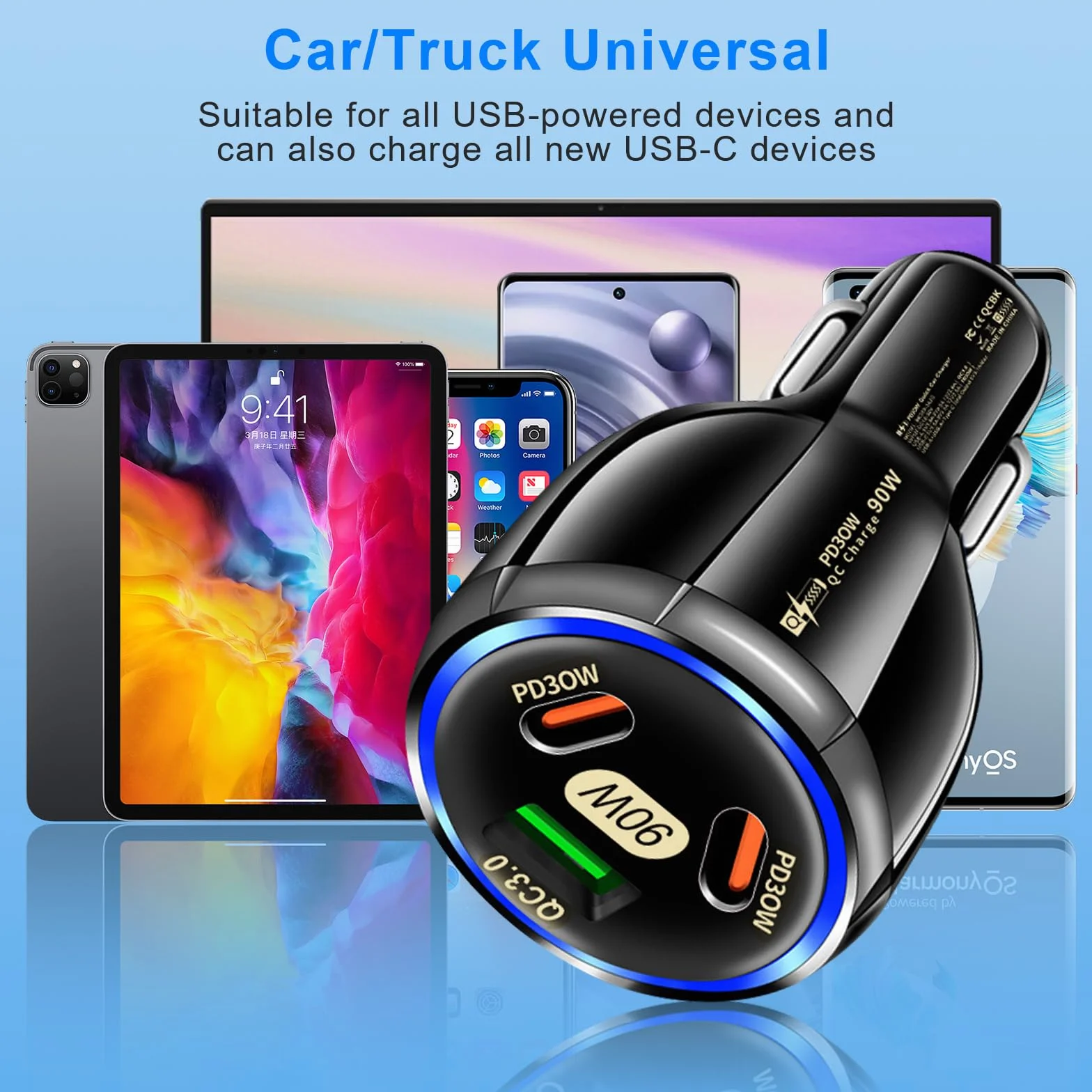 90 W ładowarka samochodowa USB C, zapalniczka samochodowa QC3.0/PD30W, odpowiednia wtyczka samochodowa USB C dla IPhone, tablety, Samsung, Huawei, Xiaomi-czarna