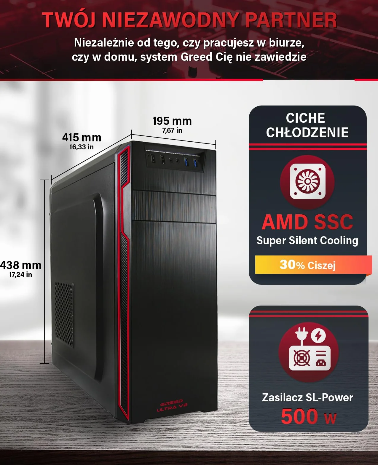 Greed® Komputer Ultra V2 z AMD Ryzen 7 5700G – szybki PC + Desktop do biura i domowego biura o częstotliwości 4,6 GHz, 16 GB pamięci RAM - 1TB SSD + 1TB HDD - DVD+RW - USB 3.1 + Windows 11 Pro