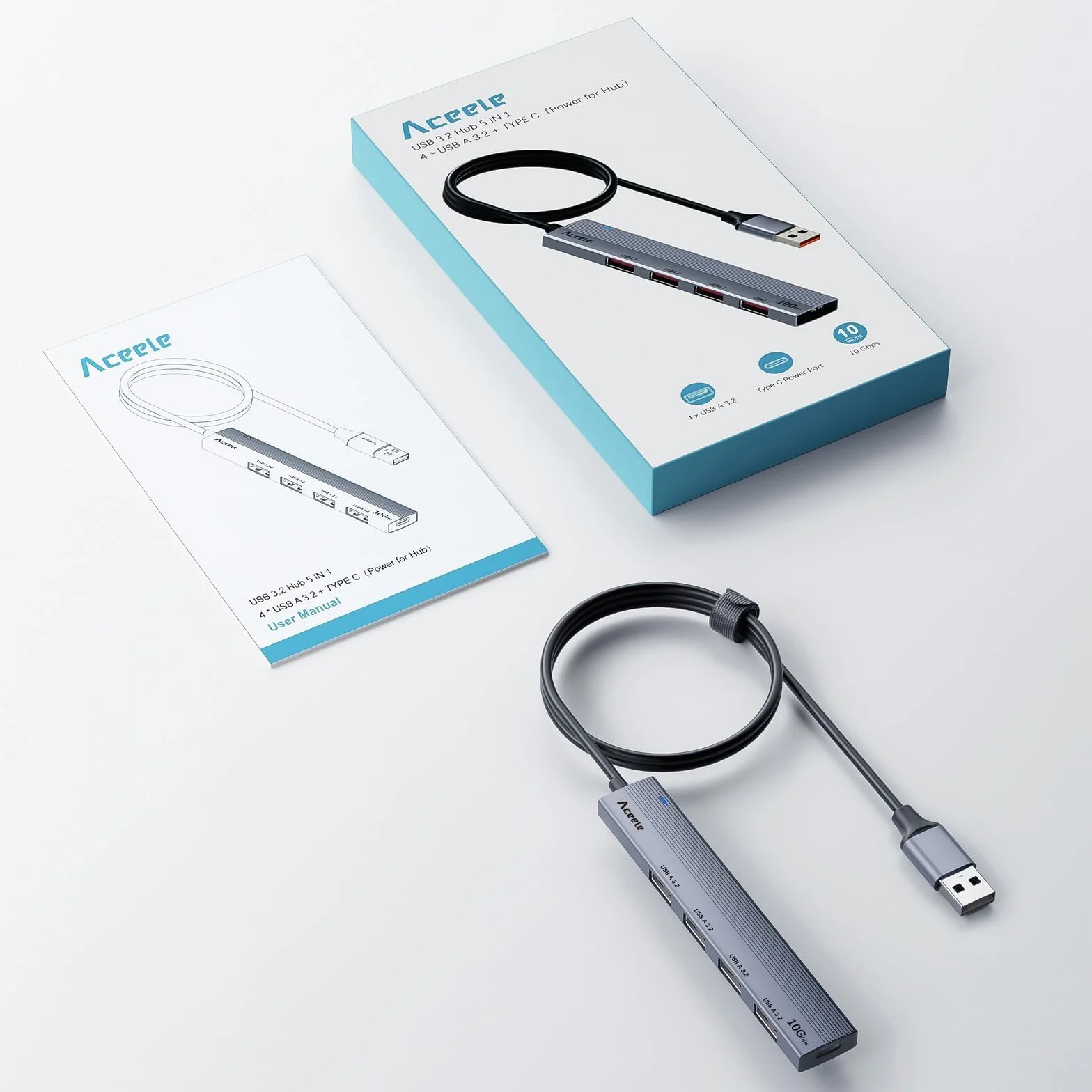 Aceele Hub USB 3.2 do 4 portów USB-A 3.2 Hub USB 3.2 z kablem przedłużonym o długości 1,2 m, 10 Gbps Wieloportowy adapter USB 3.2 Hub kompatybilny z MacBook Air/Pro, iMac itp