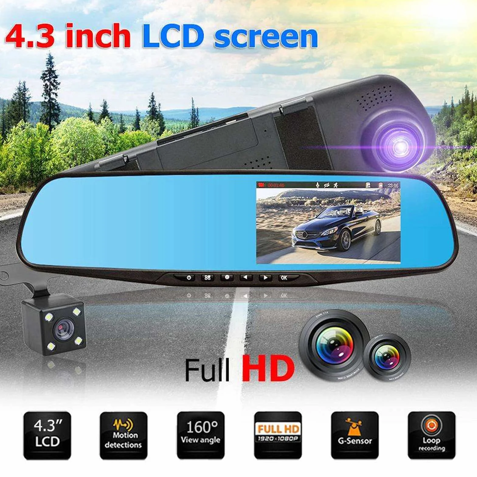 4,3-calowa kamera samochodowa z lusterkiem 1080P Kamera cofania w lusterku Podwójny rejestrator jazdy z monitorem parkowania i nagrywaniem w pętli Kamera cofania - obiektyw