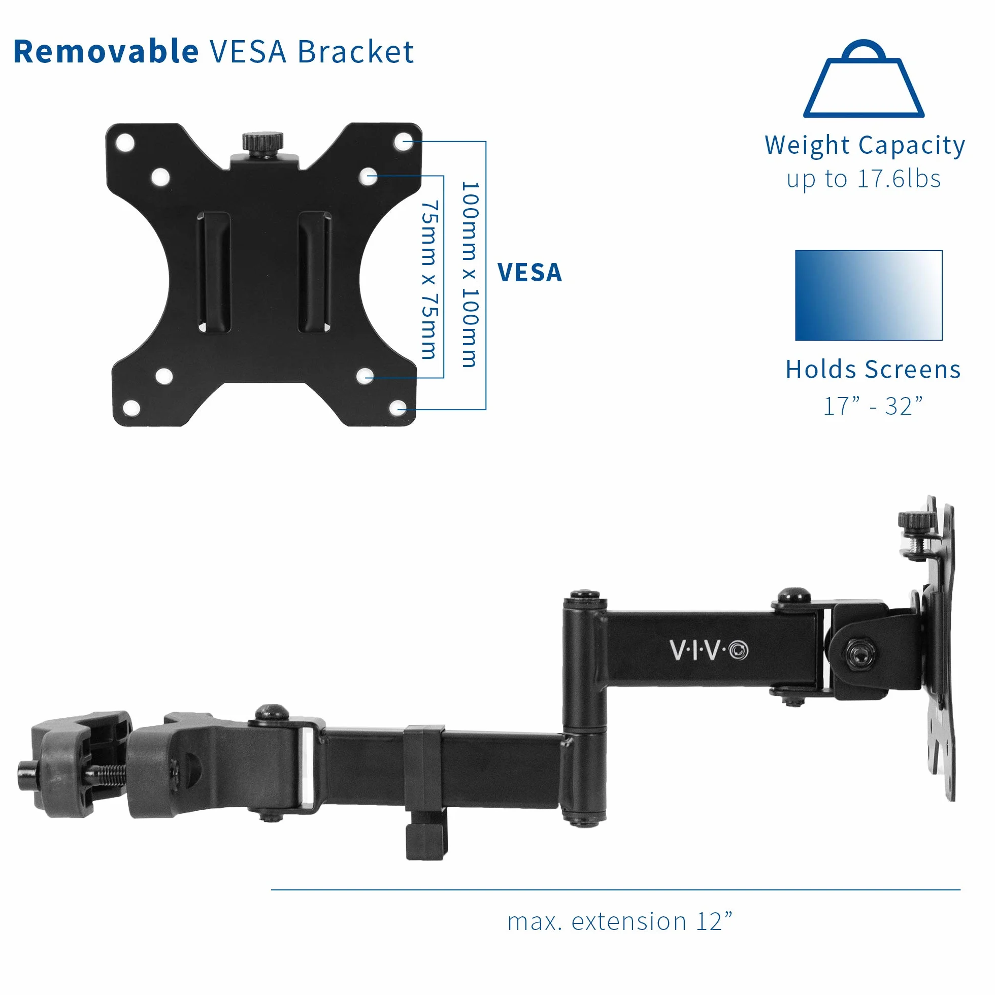 VIVO Stalowe uniwersalne ramię monitora Full Motion ze zdejmowaną płytą VESA 75 mm i 100 mm, pasuje do ekranów o przekątnej od 17 do 32 cali, czarne, MOUNT-POLE01A