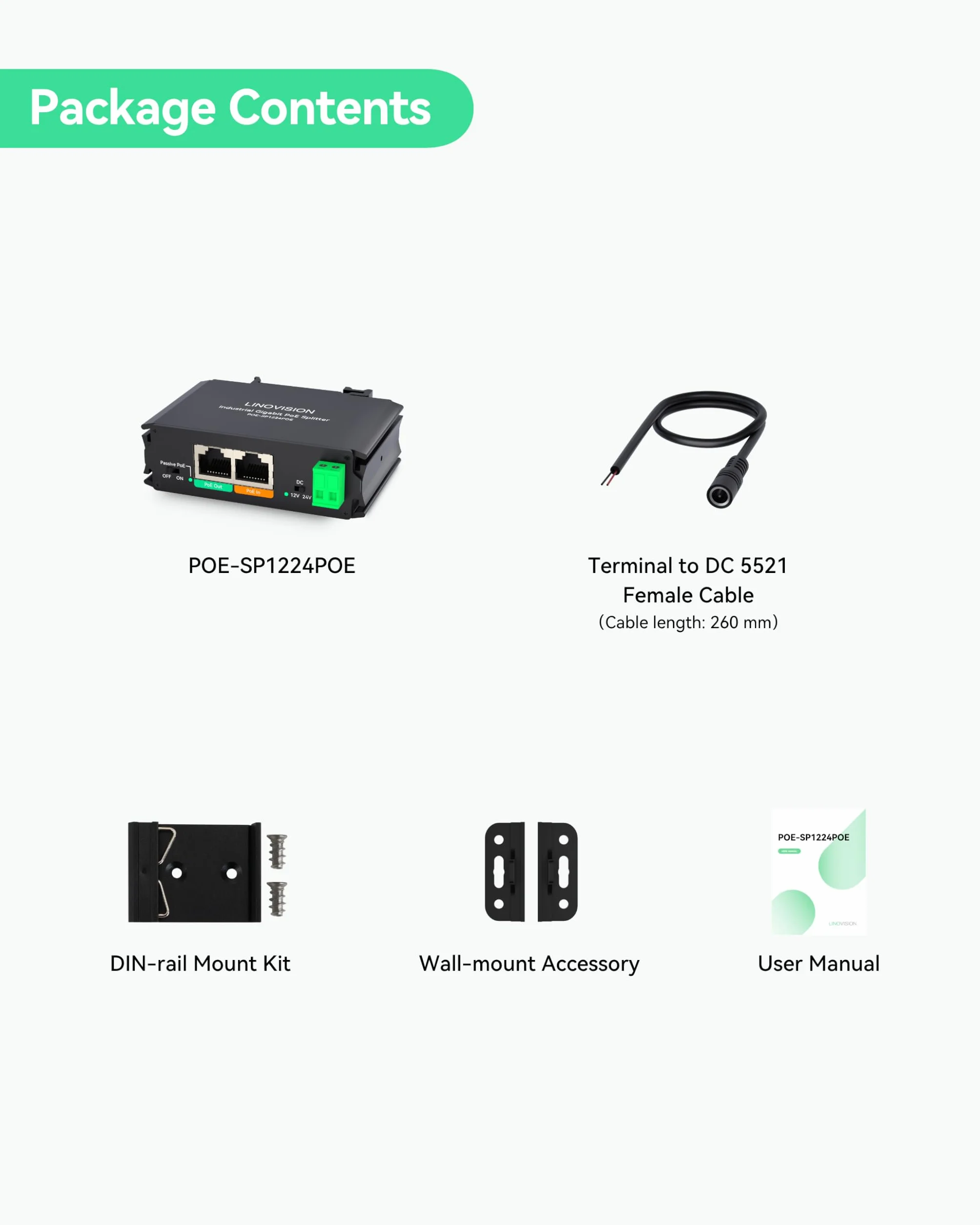 LINOVISION Przemysłowy Rozgałęźnik PoE Gigabit 30W z wyjściem DC 12V i pasywnym wyjściem PoE 12V, przeznaczony do kamer i systemów IoT