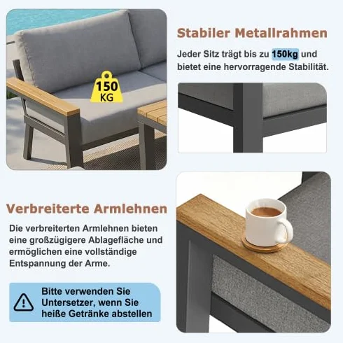 vutizal 8-osobowa modułowa sofa w kształcie litery L z 10 cm tapicerką, zestaw mebli ogrodowych na zewnątrz, meble tarasowe i balkonowe, ławka narożna, ręcznie tkana wiklina i stół WPC, płasko