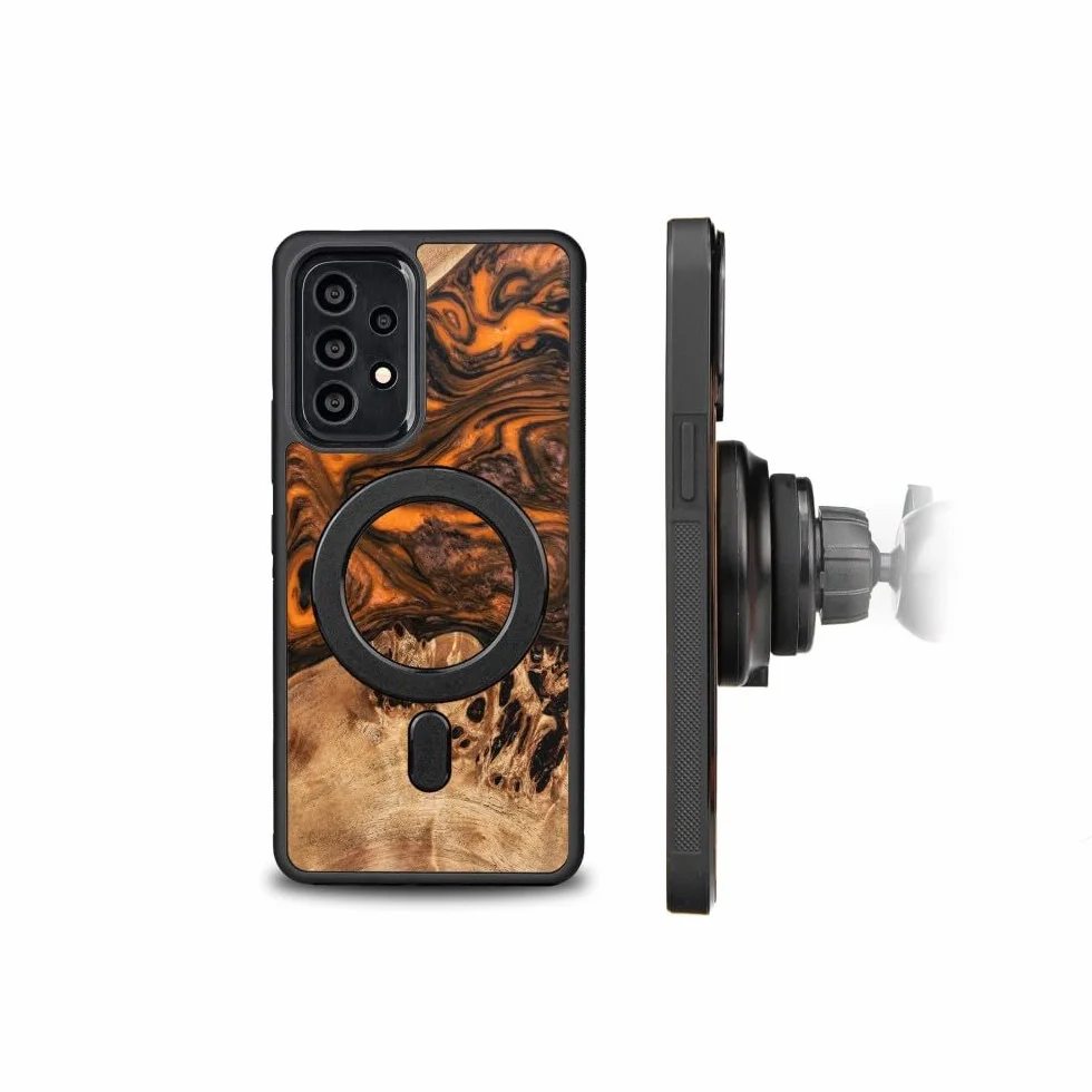 Unikalne etui kompatybilne z Samsung Galaxy A73 5G, ręcznie wykonane etui ochronne z naturalnego drewna i żywicy, pomarańczowe wzornictwo, odporne na uderzenia, kompatybilne z MagSafe
