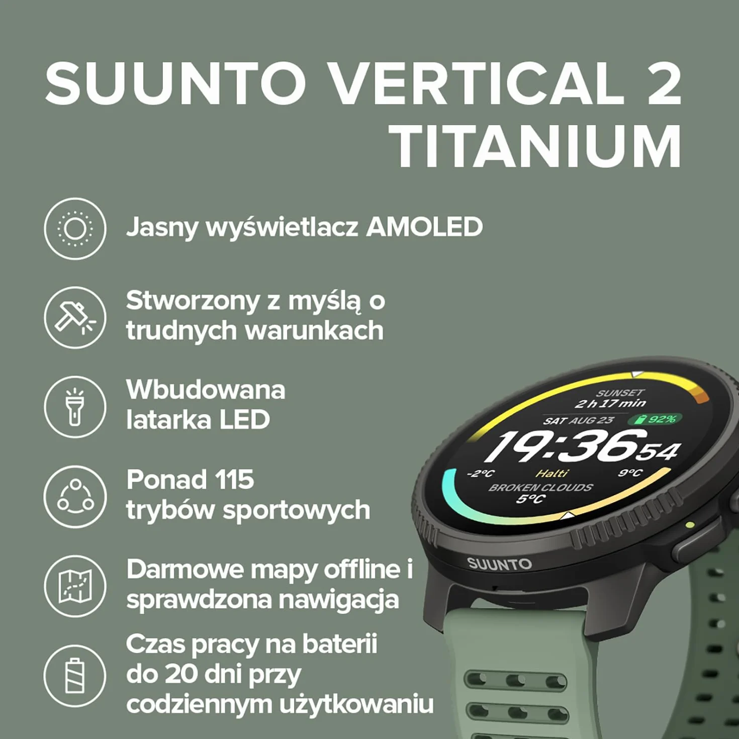 SUUNTO Vertical 2 Zegarek sportowy GPS, jasny 1,5-calowy ekran dotykowy AMOLED, latarka LED, 20-dniowy czas pracy baterii, mapy offline, wskaźniki treningowe i informacje o regeneracji, podwójny GNSS