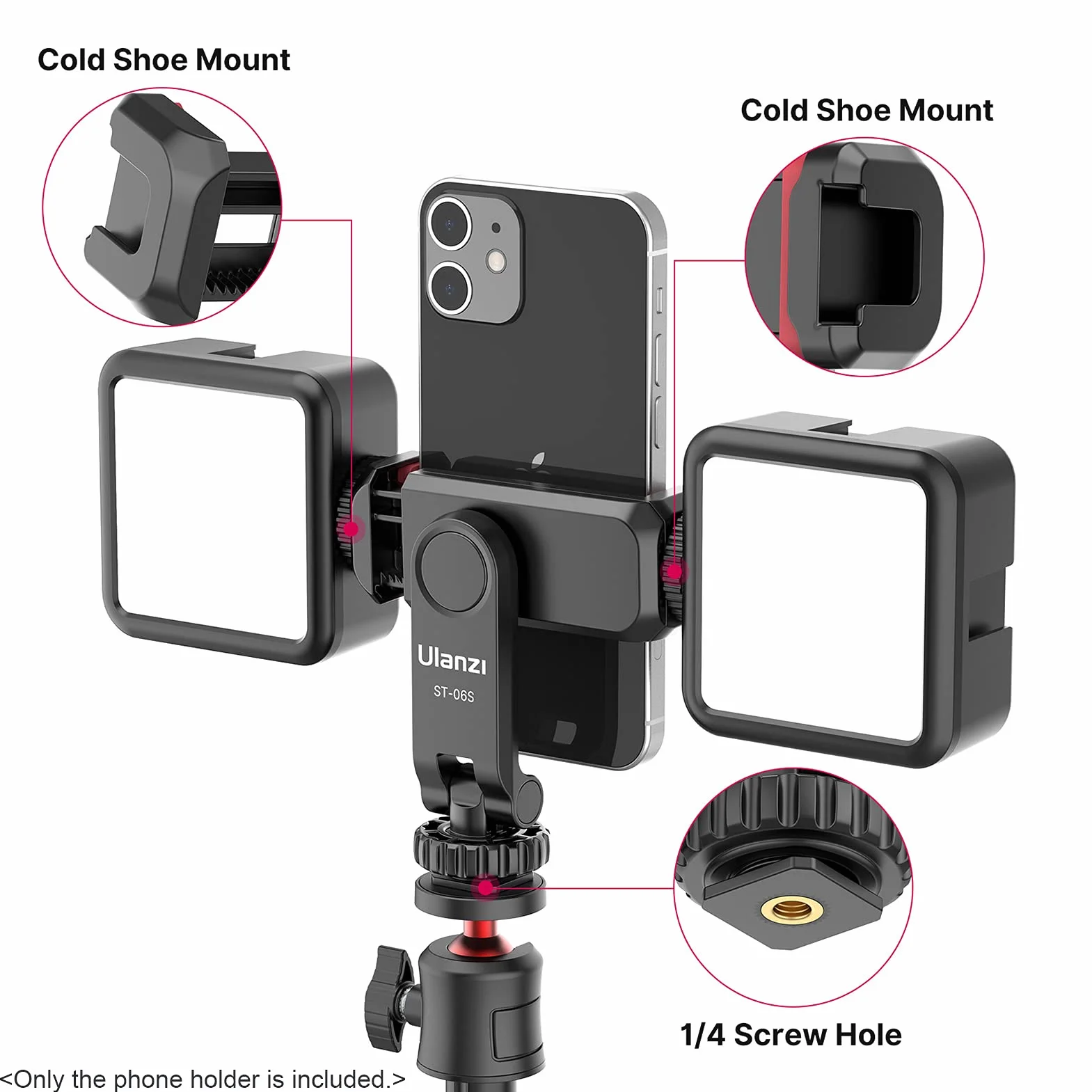 ST-06S wielofunkcyjny uchwyt na telefon, zacisk, uchwyt statywu, obracany o 360°, z dwoma uchwytami na zimne buty do smartfonów, vlog, selfie streamingu, nagrywanie wideo na żywo
