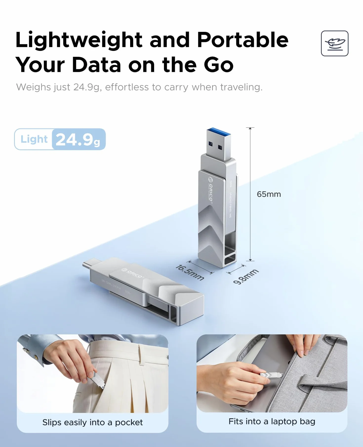 ORICO Zewnętrzny dysk SSD 256 GB USB 3.2, pamięć zewnętrzna do smartfona, prędkość odczytu 400 MB/s i zapis 300 MB/s, podwójne złącze typu C i Type-A, obrotowa konstrukcja, dla iPhone 17, Android i PC