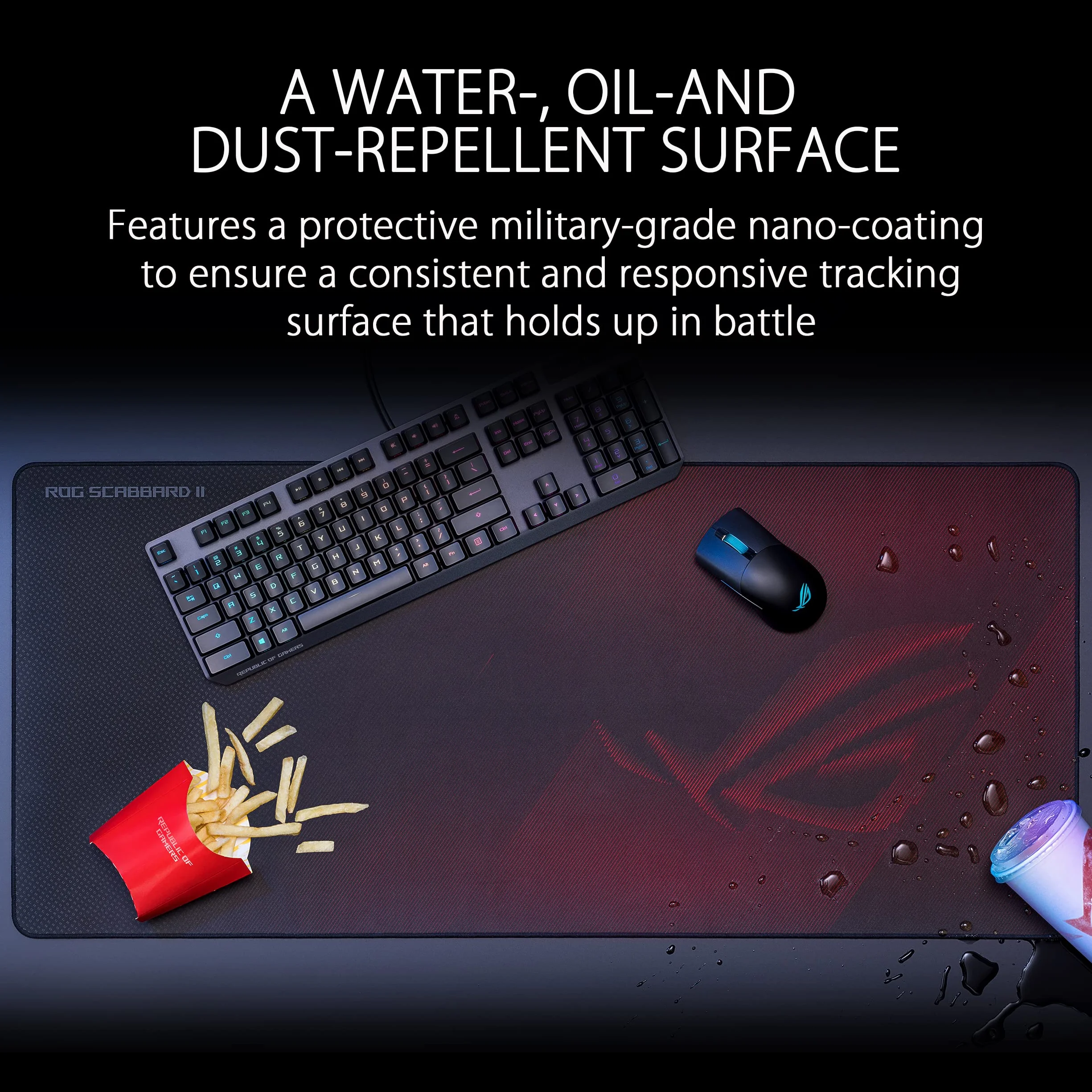 ASUS ROG Scabbard II podkładka pod mysz do gier, nanotechnologia Smooth Glide Tracking, powłoka ochronna do wody, oleju, pyłoszczelna powierzchnia, płaskie szwy antyray, antypoślizgowa gumowa podstawa