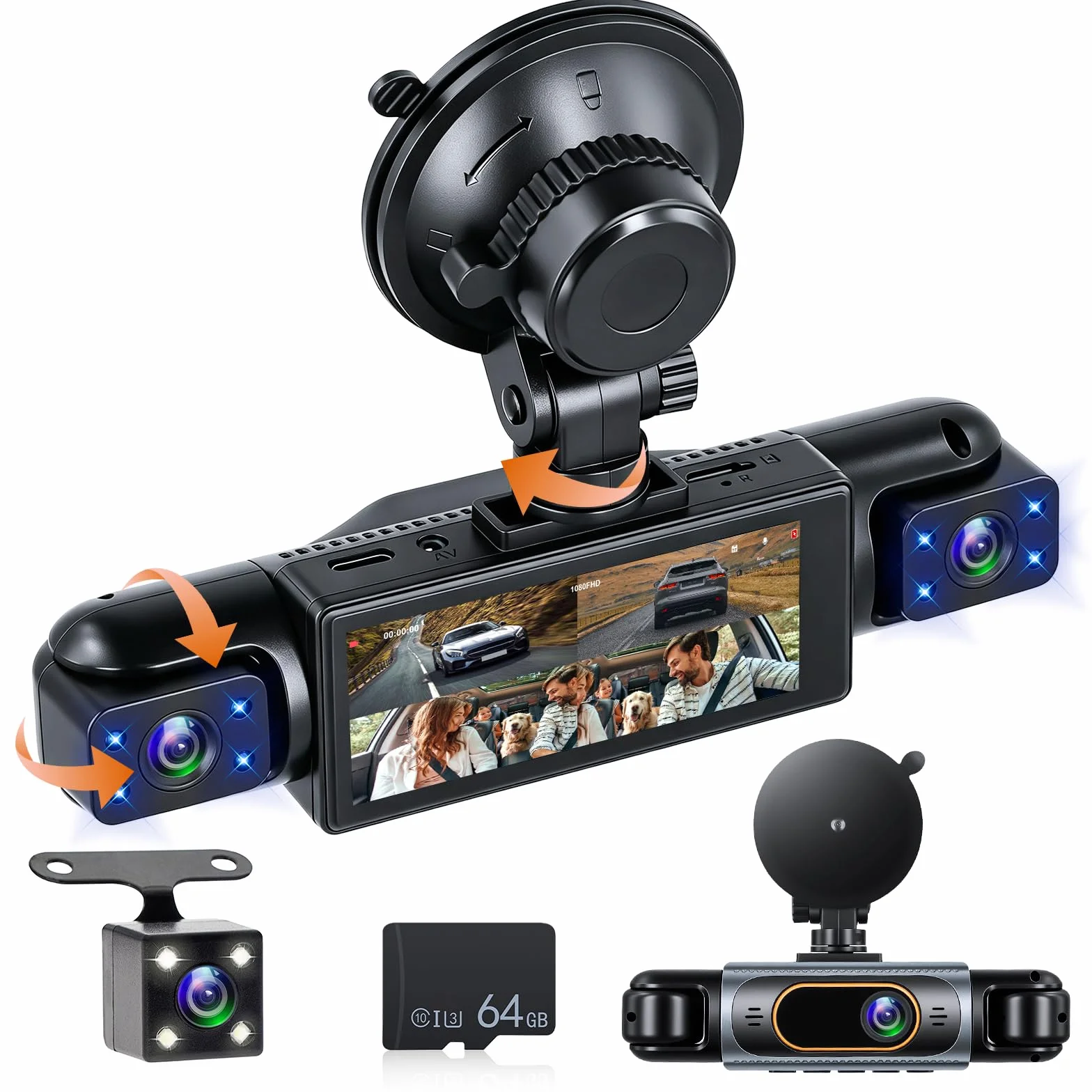 1080P Dash Cam 360 stopni 4 kanały ekranu 3,16 cala | Dashcam z kartą SD 64G G czujnik, kamera cofania, tryb parkowania 24H, noktowizor, nagrywanie w pętli