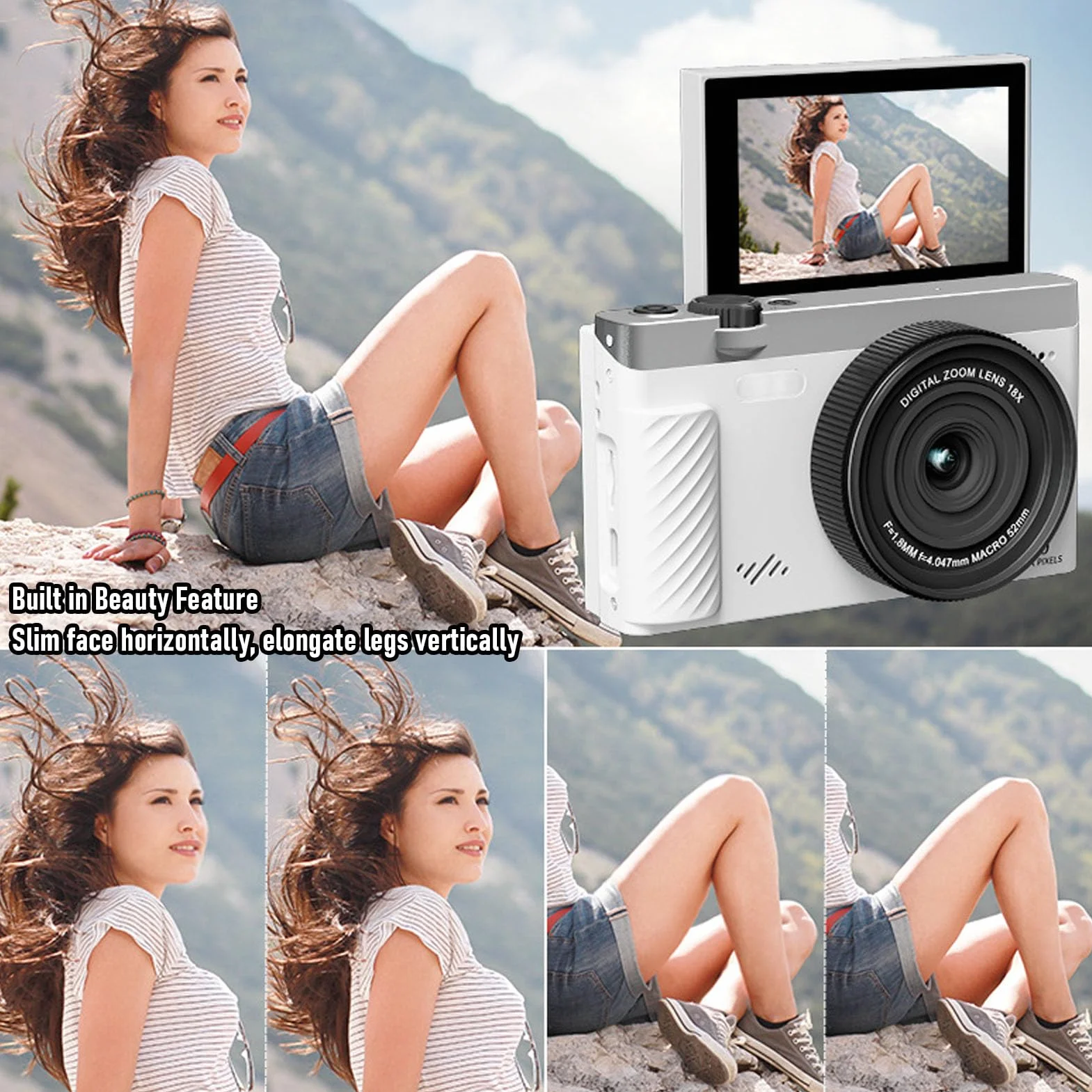 Cryfokt Cyfrowy Aparat Fotograficzny 4K do Fotografii, 4K 75 MP z 18-krotnym Zoomem WiFi Bezlusterkowy Zoom Cyfrowy Kompaktowe Aparaty Retro z 3,0-calowym Flip-screenem Funkcja (WHITE)