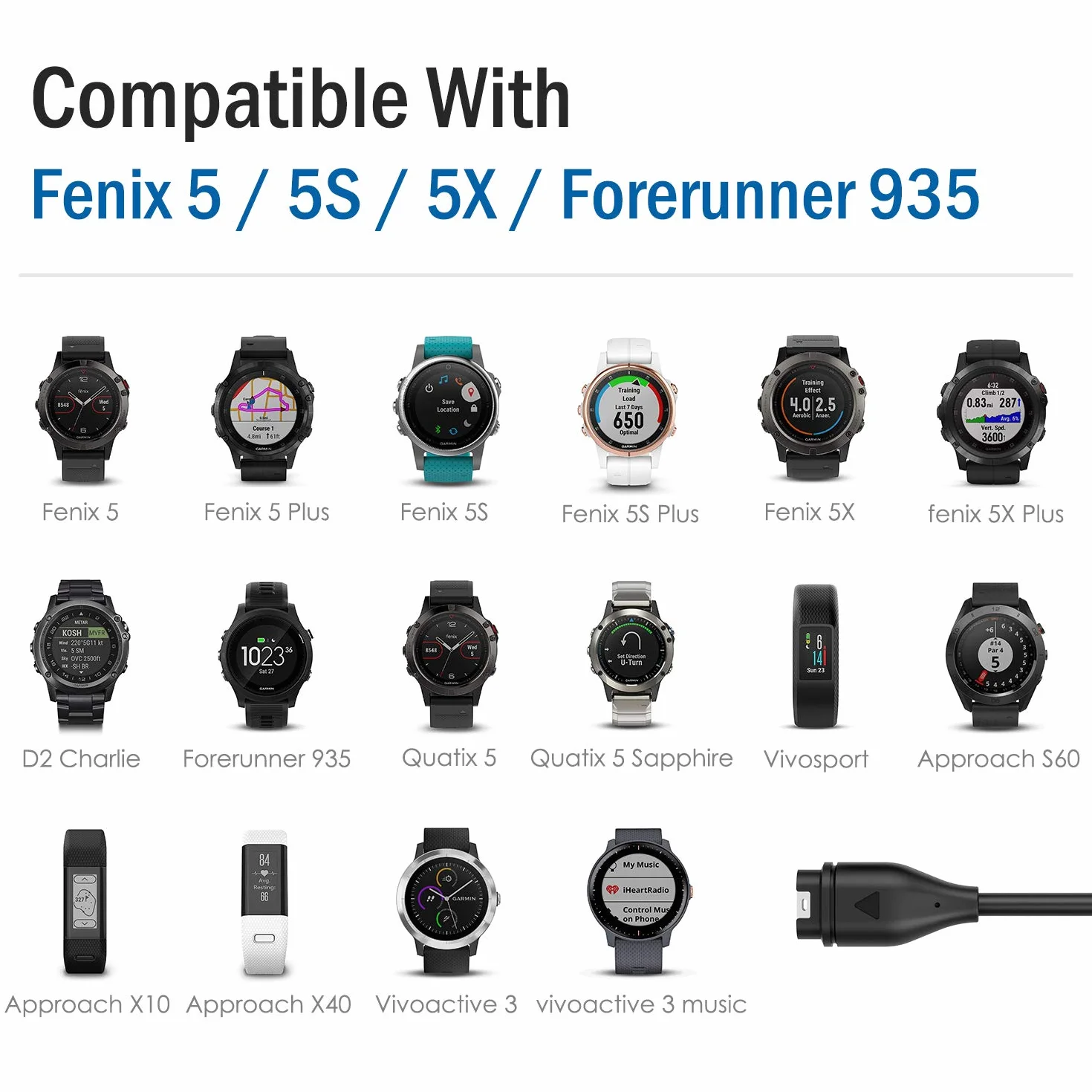 MoKo Charger Cable Compatible with Garmin Fenix 7/7S/7X/6/6S/6X Pro/5/5S/5X Plus, USB Data Sync Charging Cable Black