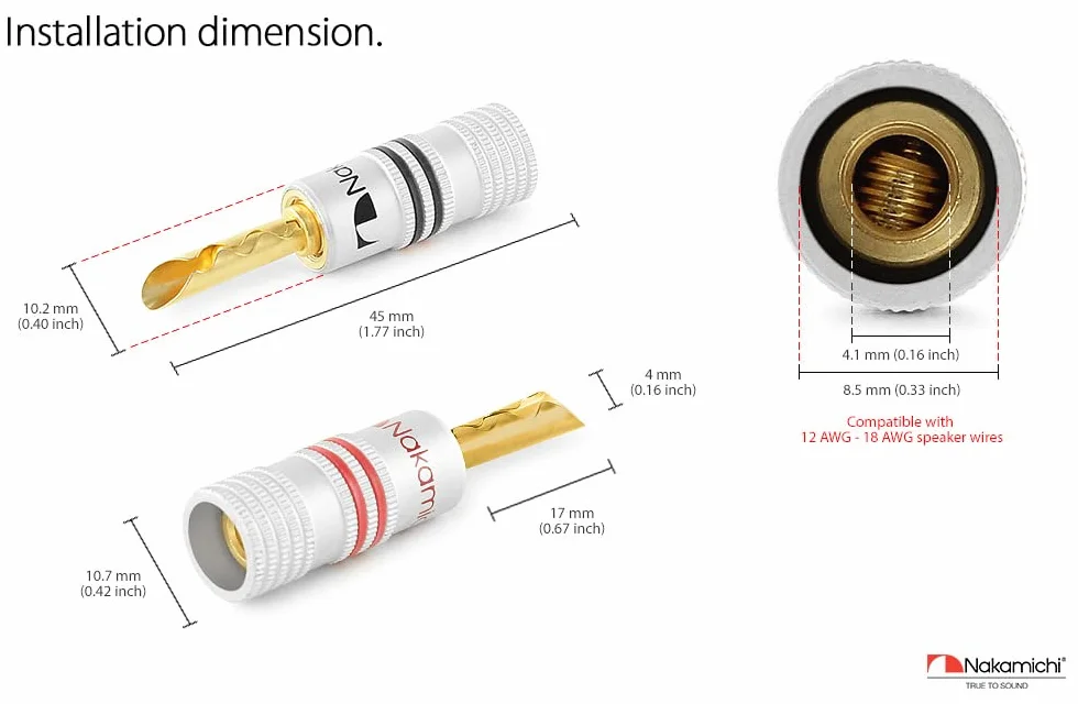 Nakamichi Excel Series 24K pozłacany wtyk bananowy 12-18 AWG Rozmiar miernika 4mm do głośników Wzmacniacz HiFi Odbiornik AV Stereo Kino domowe Złącze Audio (16 Szt., Wtyki bananowe BFA)