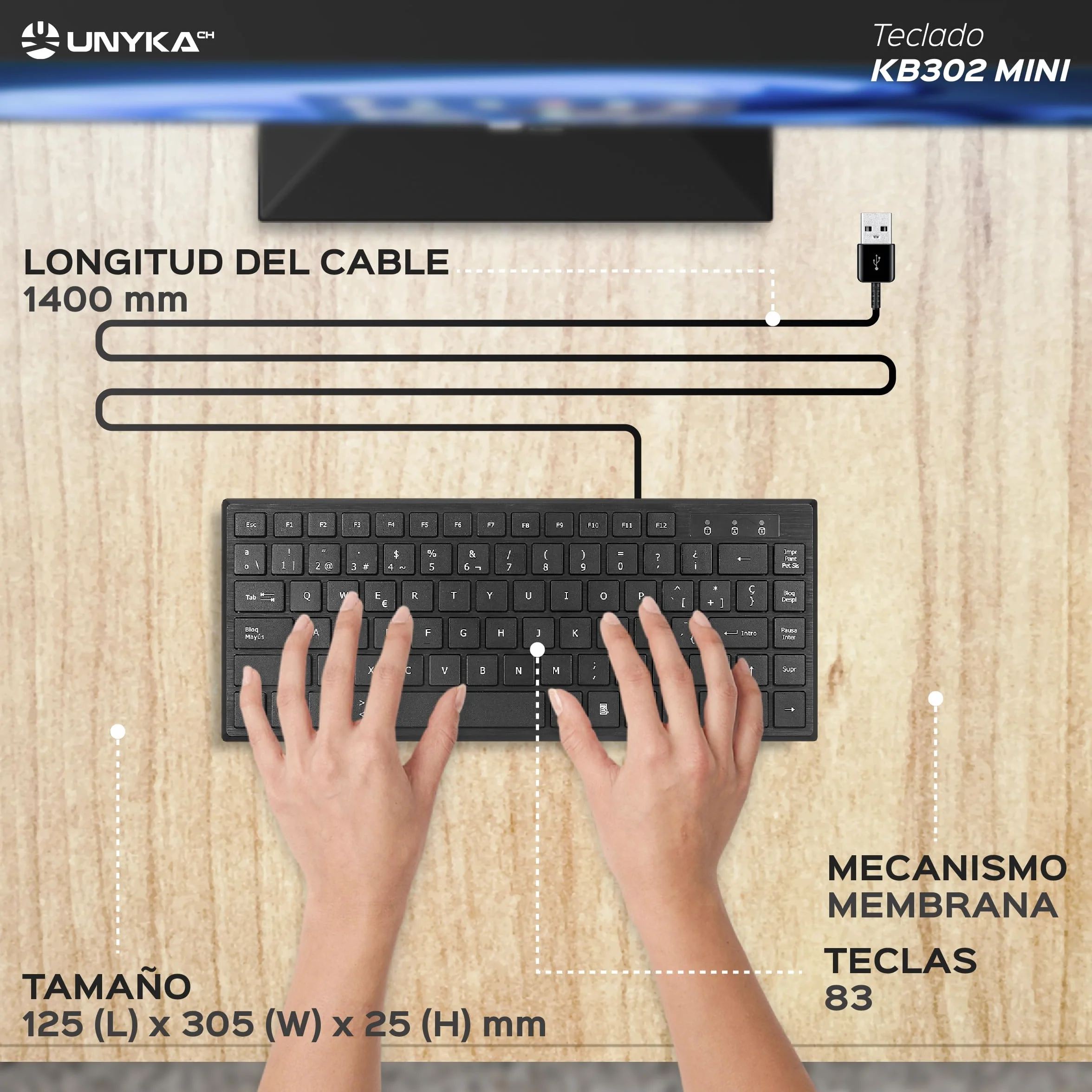 Unykach KB302 Mini Ultra płaska klawiatura - 83 klawisze, cicha membrana, uniwersalna, kompaktowa konstrukcja, matowa czerń, złącze USB, układ QWERTY hiszpański