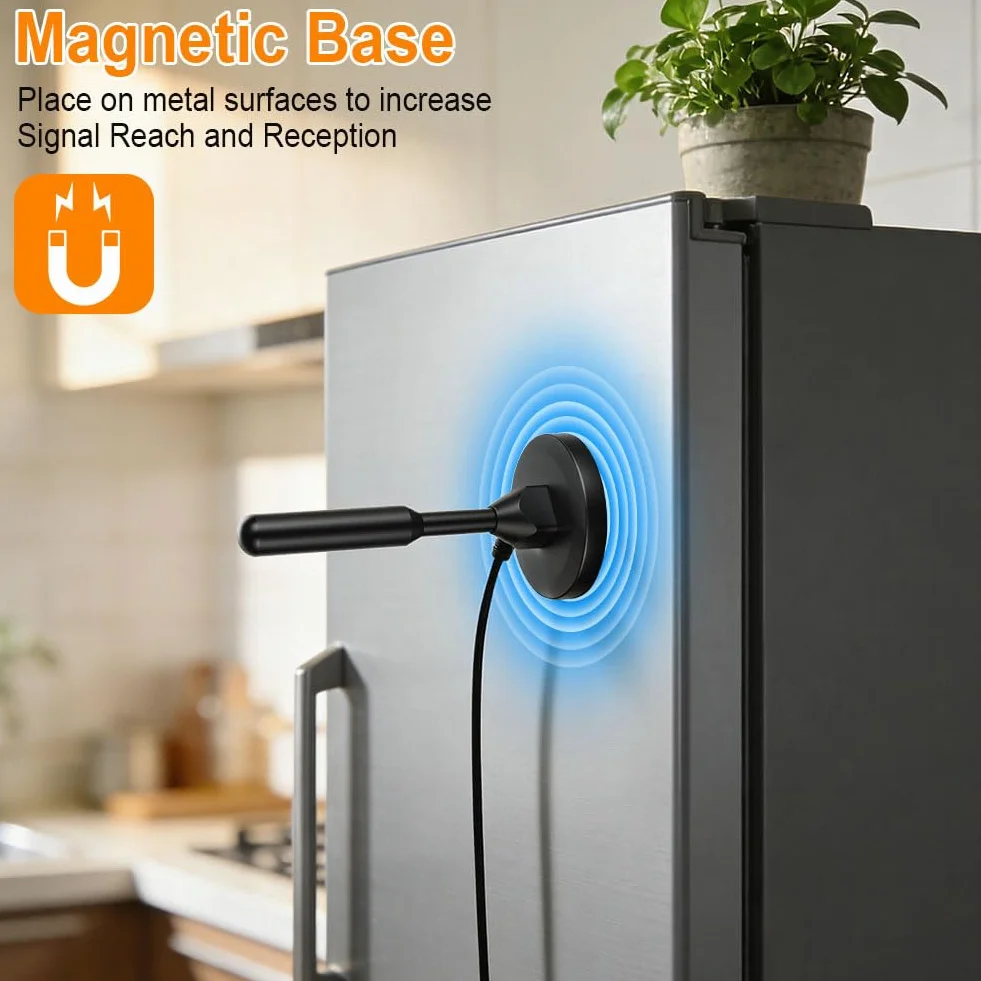 Najnowsza antena HDTV, przenośna antena cyfrowa HD z podstawą magnetyczną, wewnętrzna antena telewizyjna do Smart TV, antena DVB-T/T2, do transmisji Freeview i DAB, kabel koncentryczny 16,5 m