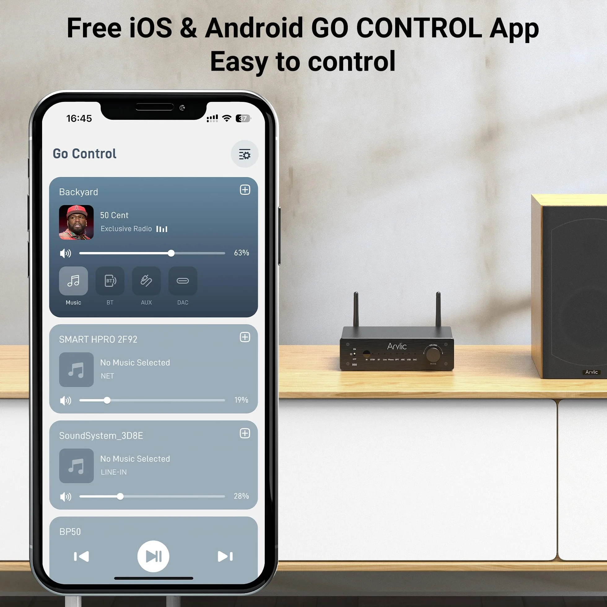 Arylic B50 wzmacniacz z Bluetooth, wzmacniacz stereo, 2-kanałowy 50 W x 2 Home Audio AMP, z HDMI, ARC, Opt, DAC, wejście Phono. Obsługuje transmisję i odbiór muzyki aptX High-Definition.