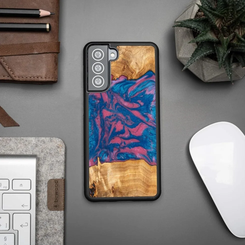 Unikalne etui ochronne z prawdziwego drewna, kompatybilne z Samsung Galaxy S21 FE, motyw Neons Vegas, naturalne drewno bocote, ręcznie wykonane, odporne na uderzenia, matowe polerowanie
