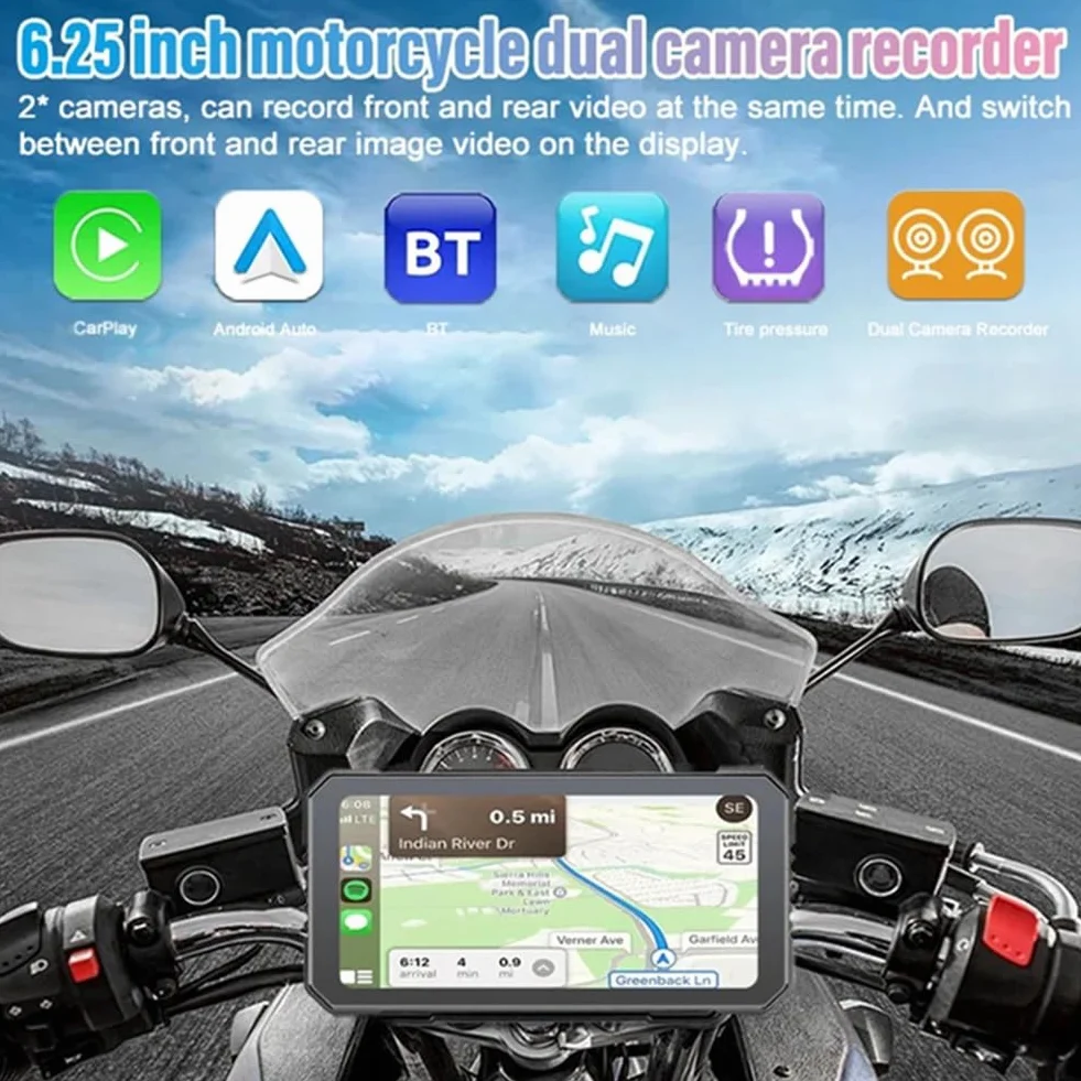 6,25 rejestrator motocyklowy, bezprzewodowy CarPlay do systemu Android, nawigacji GPS, Bluetooth, wodoszczelny ekran dotykowy