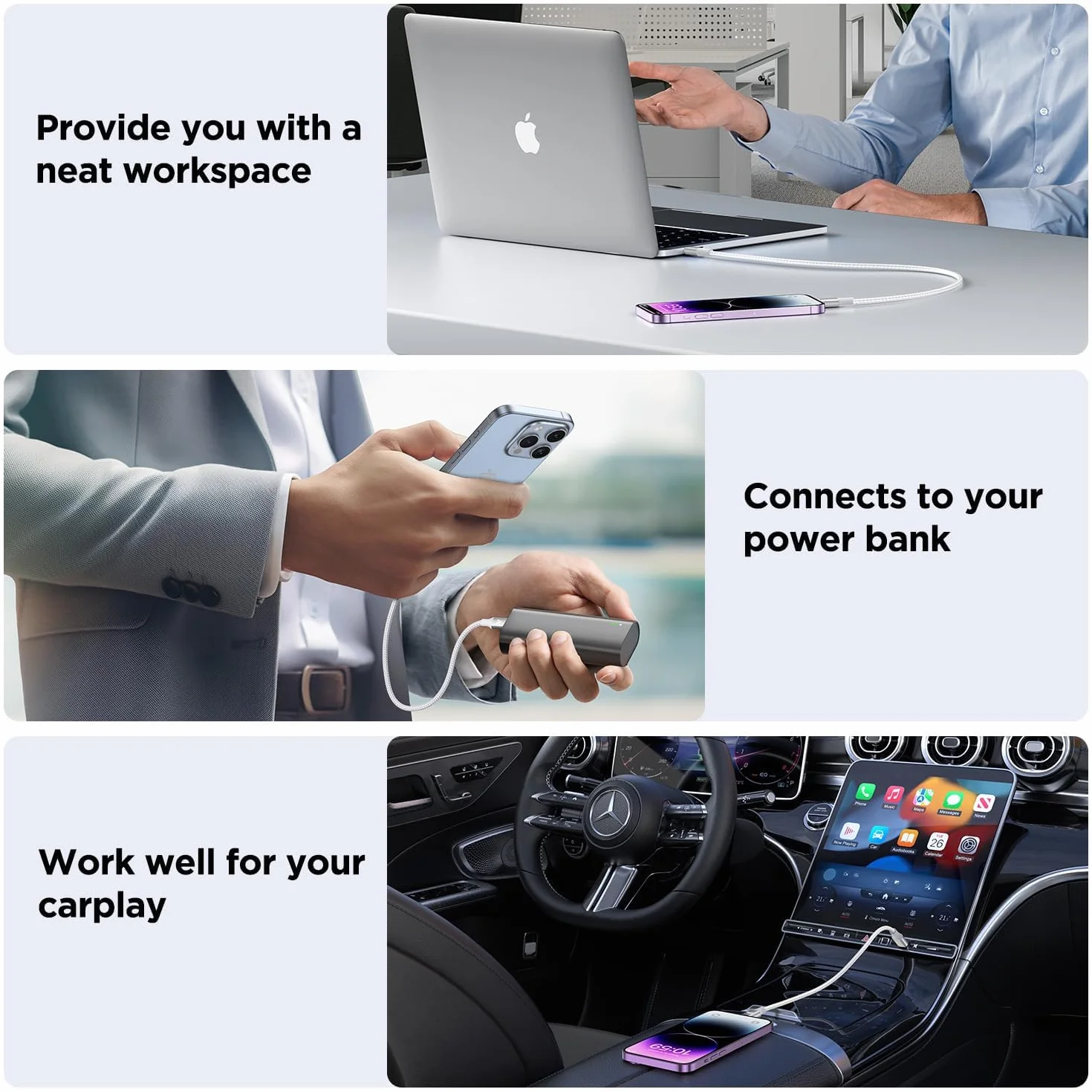 Kabel USB C do podświetlania, krótki, kabel Power-Delivery USB-C, certyfikat MFi, pleciony kabel do ładowania iPhone'a typu C, szybkie ładowanie do iPhone 14, 13, 12, 11 Pro Max, XR, XS, X, 8 Plus,