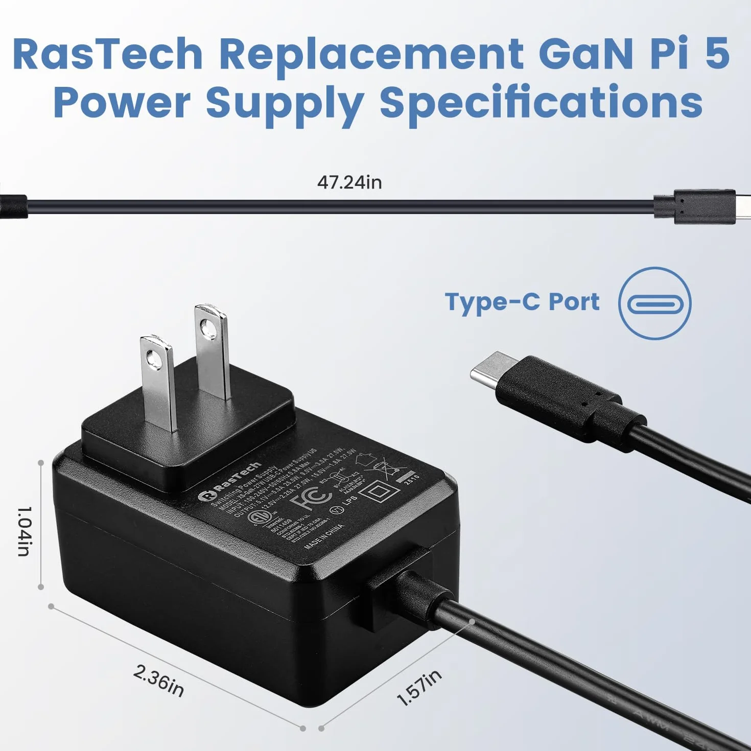 RasTech dla Raspberry Pi 5 GaN PD 27 W zasilacz 5,1 V 5 A USB-C Pi 5 zasilacz do Raspberry Pi 5 16 GB/8 GB/4 GB/2 GB