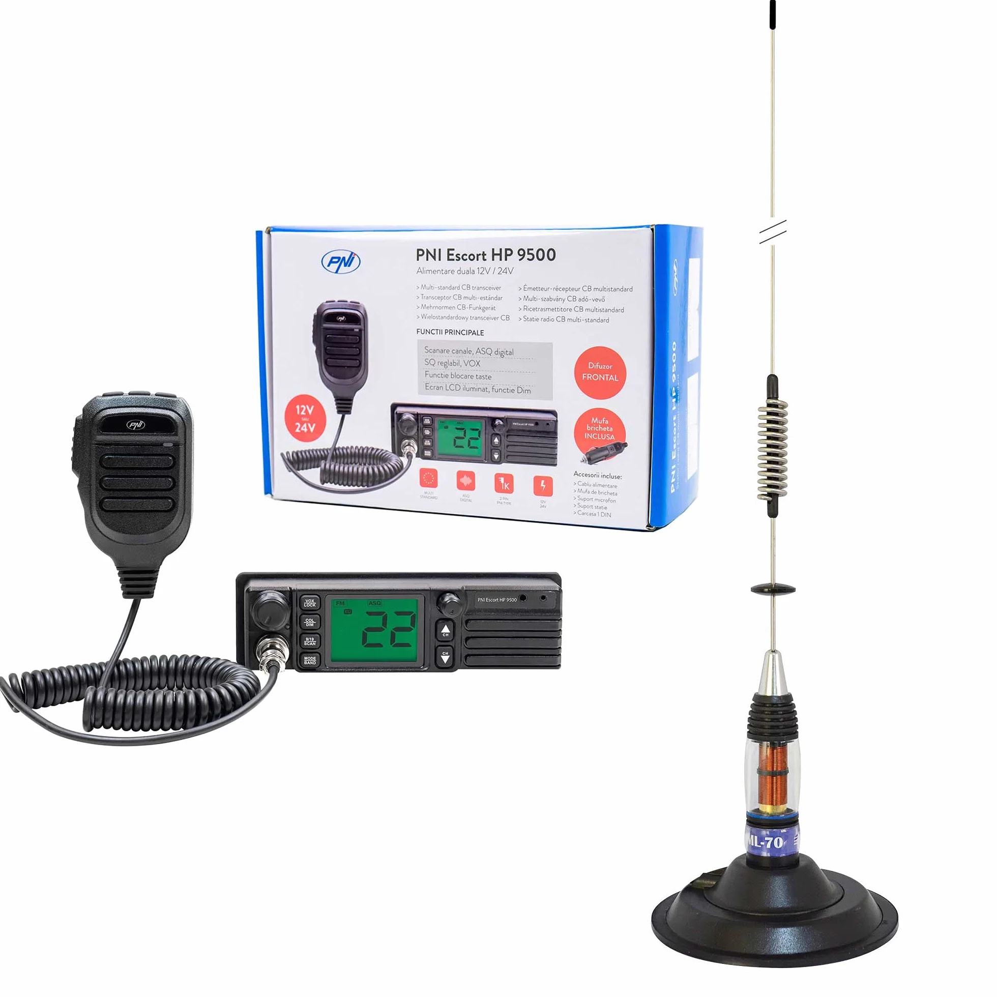 CB PNI Escort Pakiet stacji radiowej HP 9500, ASQ, 12-24V + antena CB PNI ML70, 70 cm z magnetyczną podstawą 145 mm w zestawie