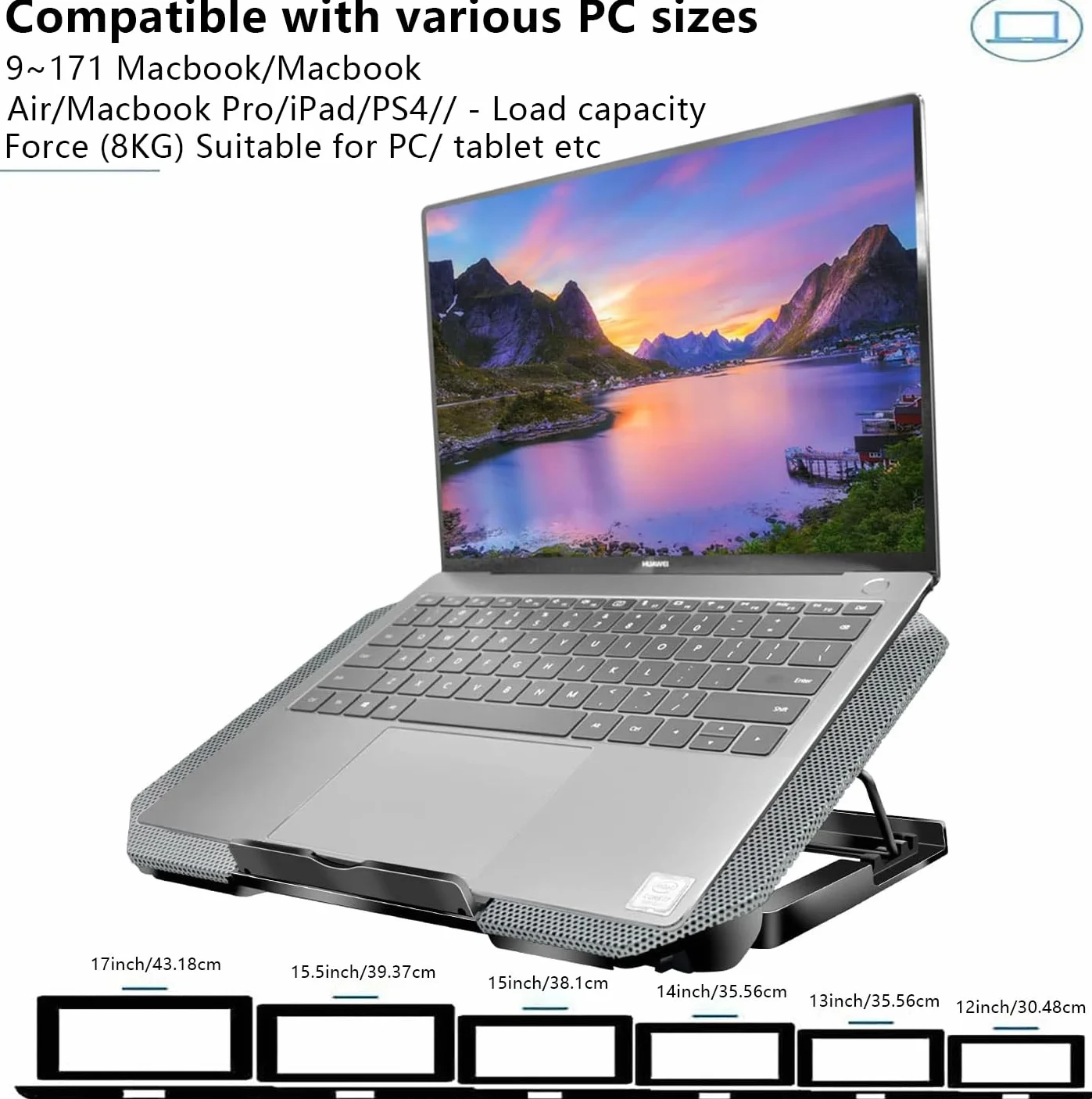 Podkładka chłodząca do laptopa, mata chłodząca, 2 ciche wentylatory, światła LED i 2 porty USB, 5 wysokości i z regulowaną prędkością, metalowa siatka, do laptopów 23-43.2 cm (srebrna)