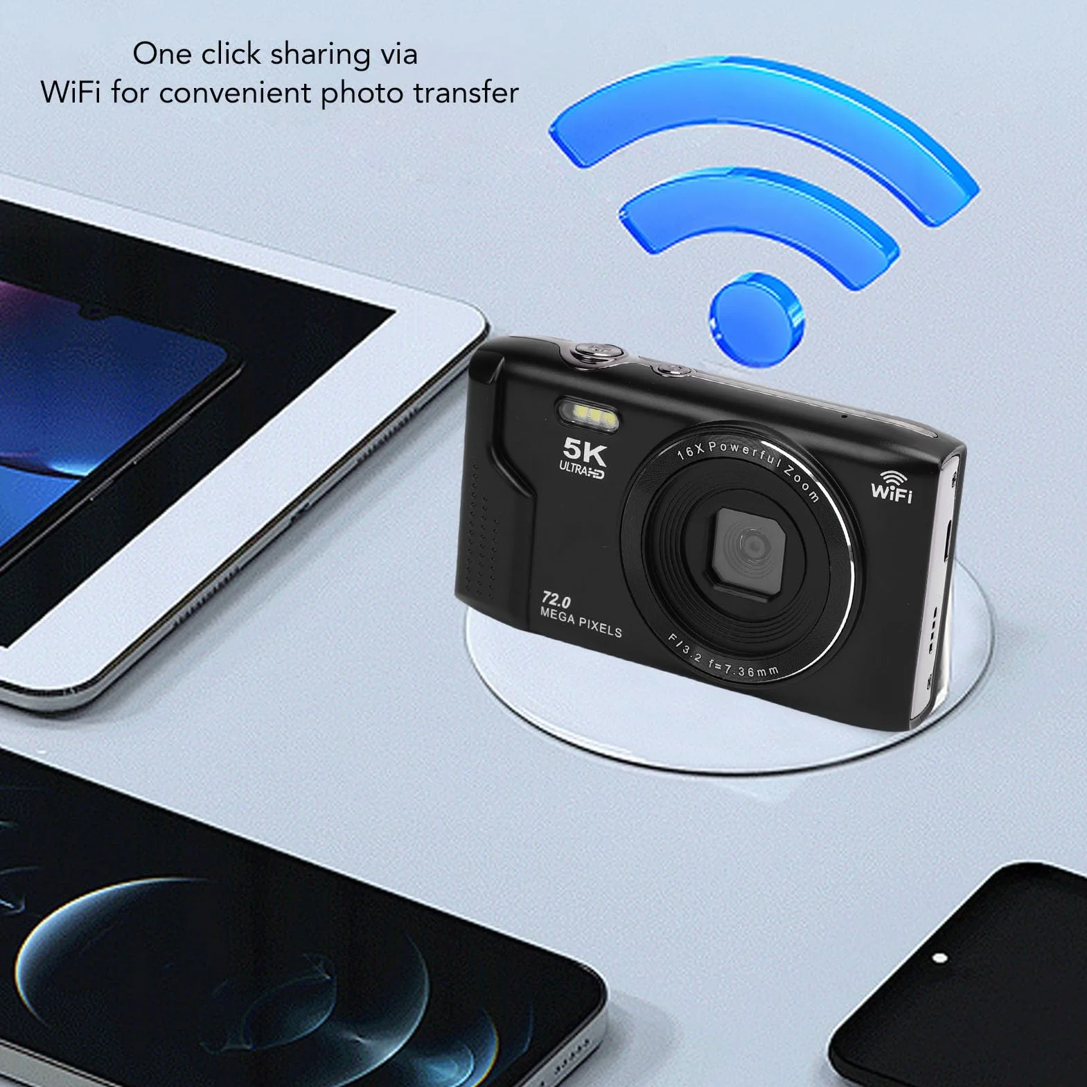 Aparat Cyfrowy, 5K 72MP UHD Autofocus WiFi z 16x Zoom, Ekran 2,8 Cala, Błyskowa, Kompaktowy dla Vlogu, Karta 64 GB (64GB)
