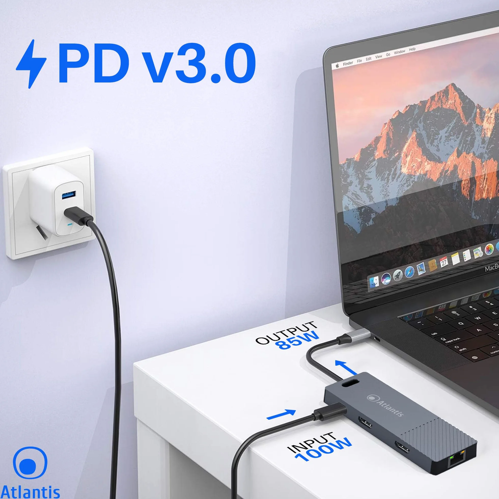 ATLANTIS A04-TC_DK48 Stacja dokująca DUAL DISPLAY USB C (typ C) na HDMI 4K, wyjście Duppia, wyjście HDMI, RJ45 Gigabit Ethernet, 3 x USB 3.0, 1 PD-85 W, kabel 18 cm, kompatybilny ze wszystkimi